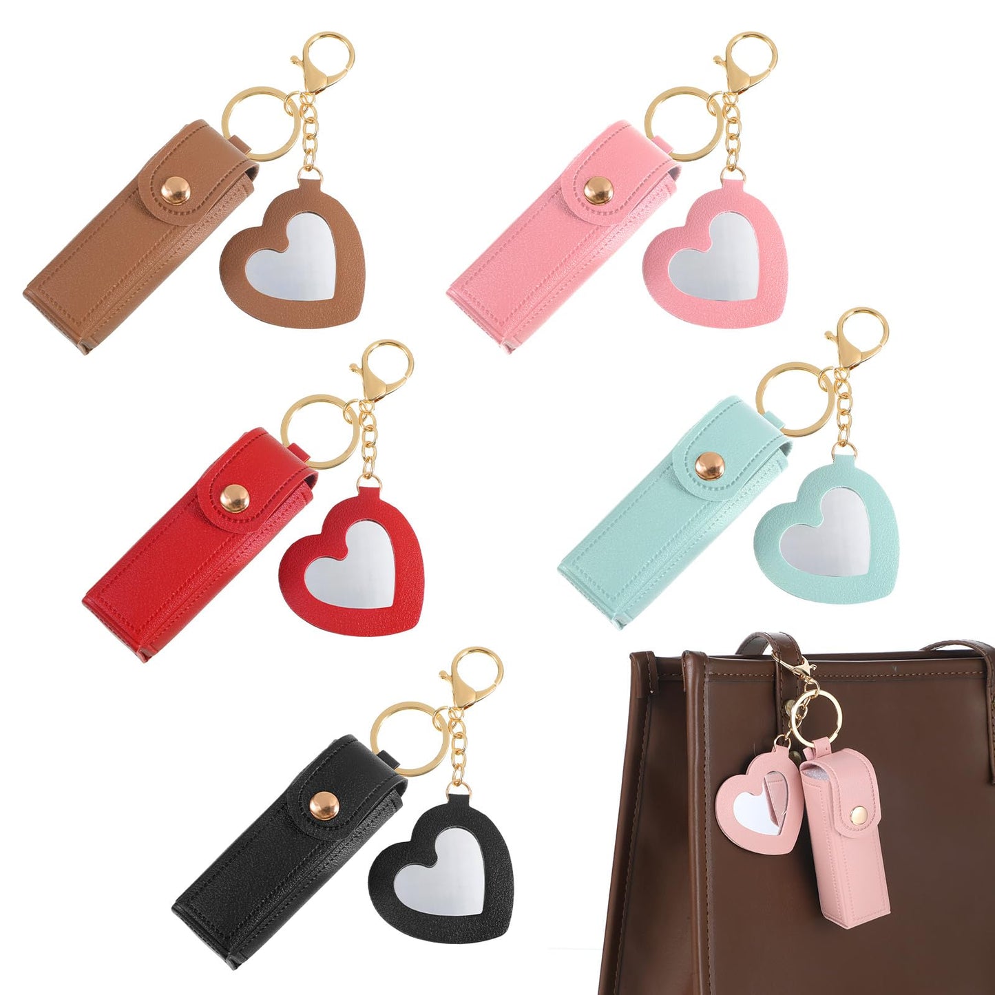 5 PCS Lipstick Holder Keychain, PU Leather Potable Lipstick Holder with Mirror, Soft Lip-Balm Holders, Lip Balm Organizer Holders, Travel Makeup Storage Case for Lipsticks Perfume Fingernail Polish
