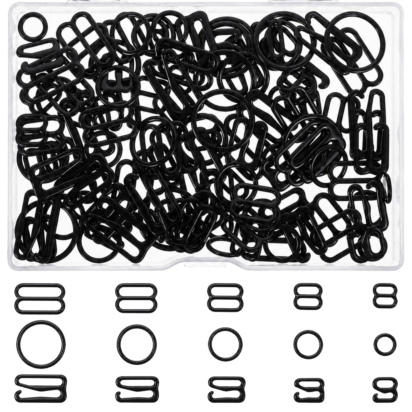 Xelsluthe Bra Strap Clip, 120PCS Bra Hooks for Straps Bras Strap Holders for Slipping 3 Styles Sewing Hooks Bra-Rings and Sliders Lingerie Accessories for Bra-Straps, 8mm 10mm 12mm 15mm 20mm (Black)