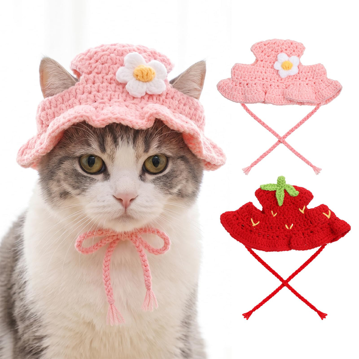 Cat Hat Hats for Cats Cute Strawberry Flower Pet Headwear, 2Pcs