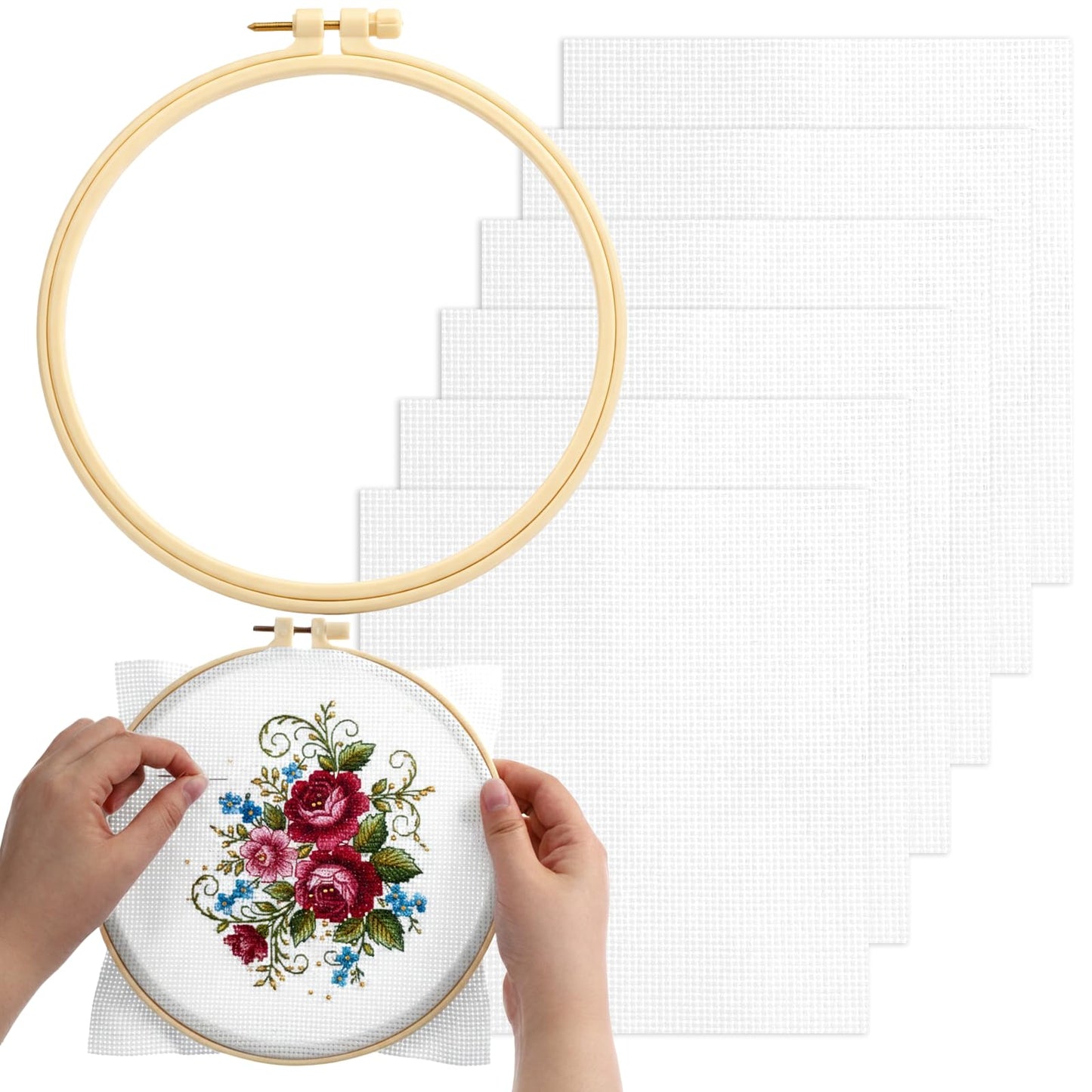 6 Pcs Cross Stitch Fabric with 1 Embroidery Hoop, 11 Count Pre-Cut White Embroidery Fabric Squares Include 6.3 OD Hoop Cross Stitch Supplies for Home DIY Handicrafts Needlework Decoration Crafts