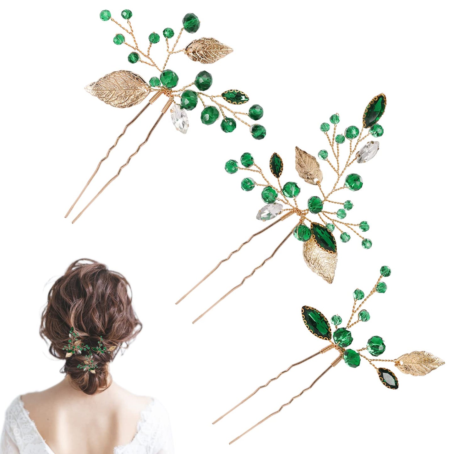 Bride Green Crystal Hair Pins,3 Pack Bride Wedding Hair Pins Vintage Gold Leaf Vine Hairpins Emerald Green Crystal Hair Pieces Green Rhinestones Hair Clips Bridal Hair Accessories for Women and Girls