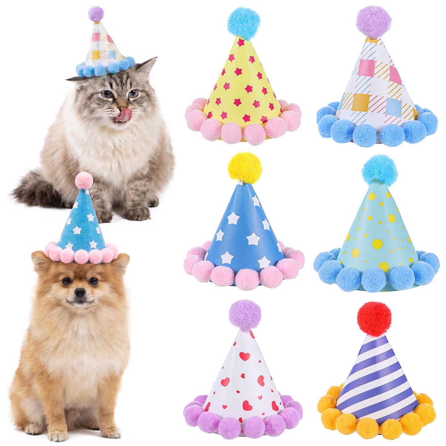 6 Pack Small Party Hats for Stuffed Animals Cat Birthday Hat with Pom Poms