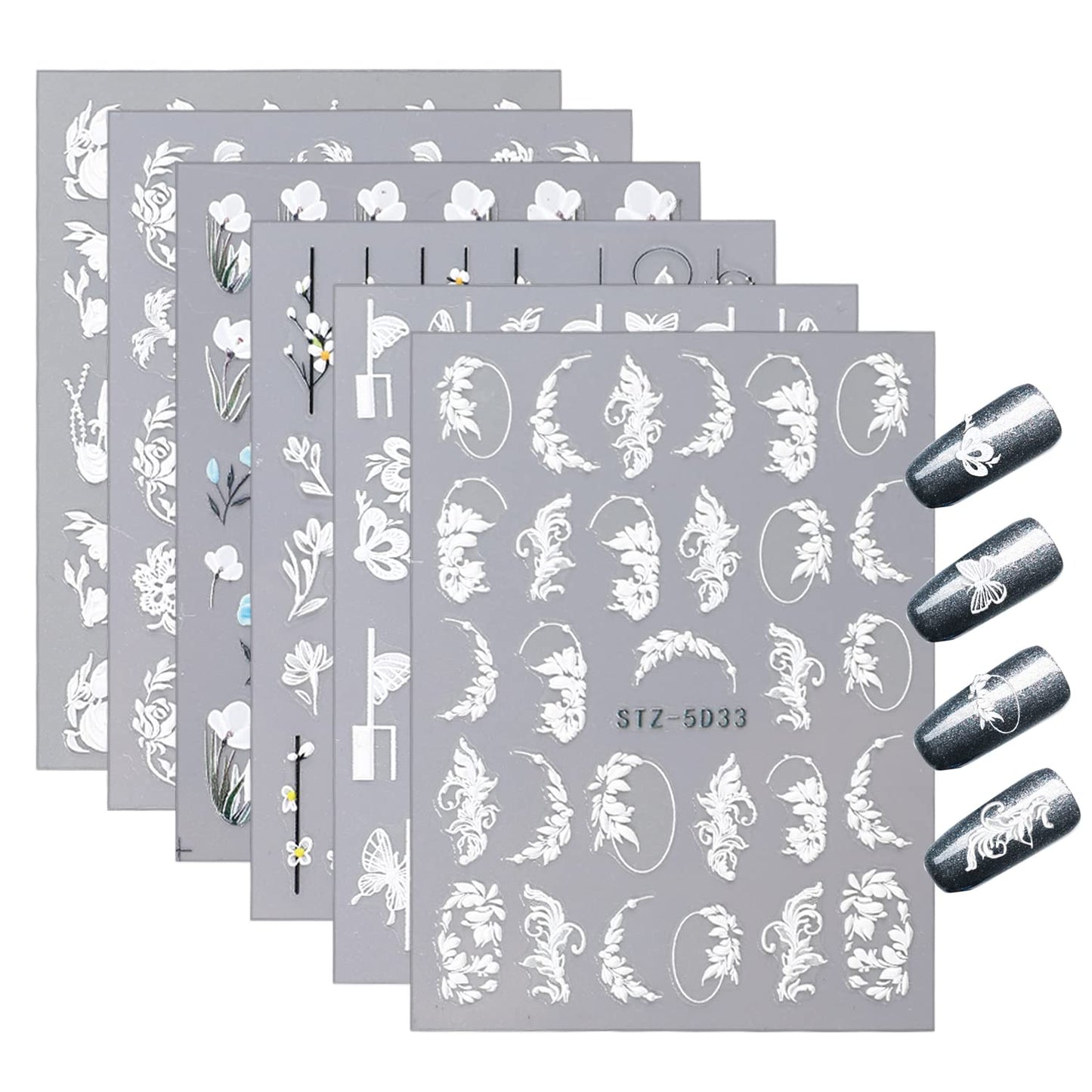 5D Nail Flower Art Stickers 6 Sheets White Embossed Flower Nail Stickers Engraved Floral Stickers for Nails French Lace Nail Decoration for Women Girls
