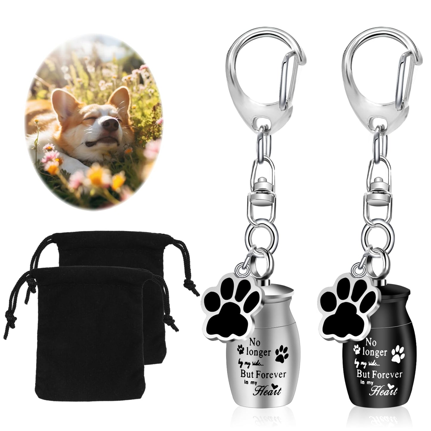 KALIONE 2 Pcs Pet Urns Keychain Dog Urns for Ashes Dogs Ashes Keepsake Stainless Steel Small Pet Urns for Dogs Cat Ashes Urns with Storage Bags Pet Cremation Jewelry Pend Paw Print Urn