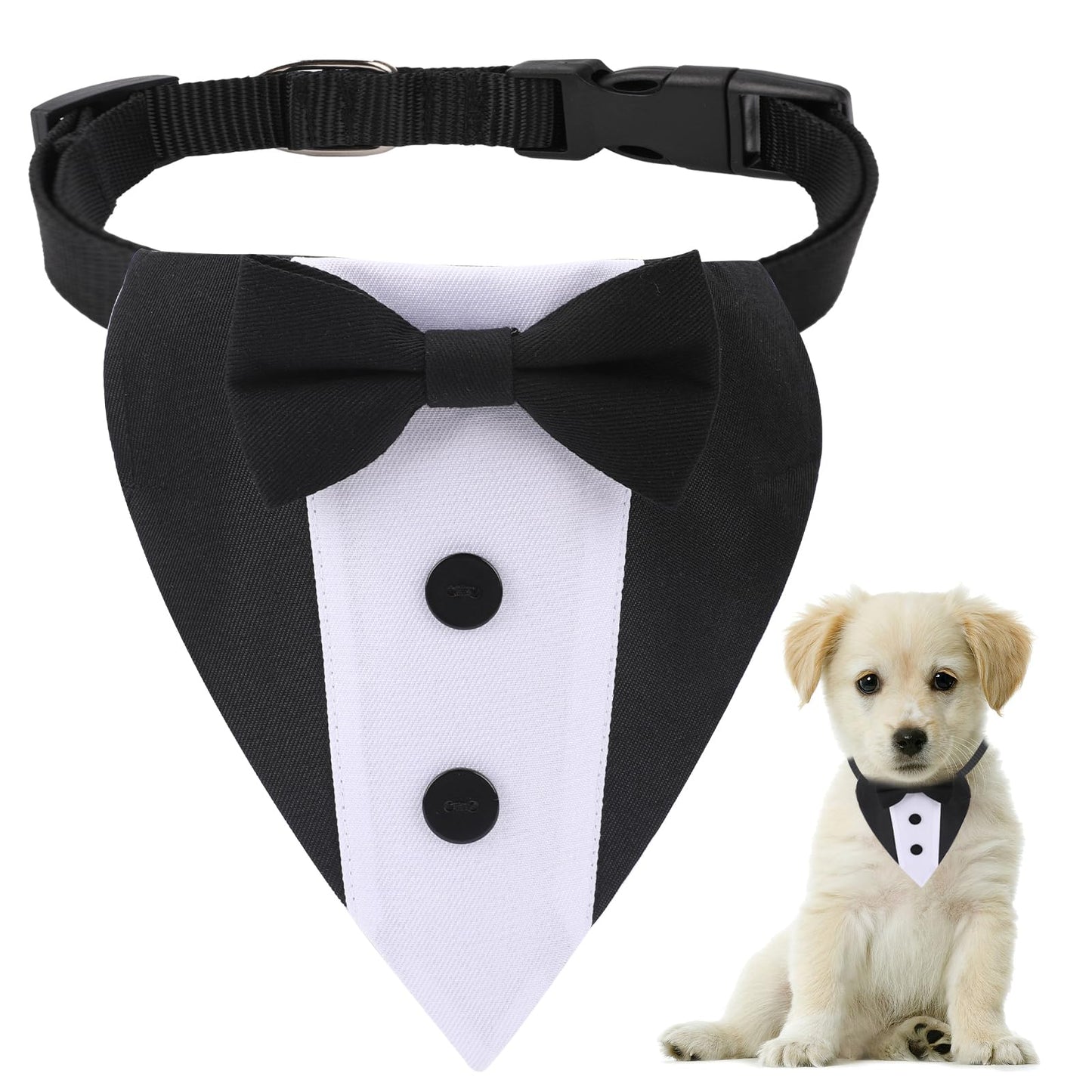 Dog Tuxedo Wedding Bandana Collar with Bow Tie Adjustable Dog Tuxedo Suit Formal Dog Costumes Pet Party Tux for Small Medium Large Dogs Pets(Mini: Neck 9.4”-15.7”)