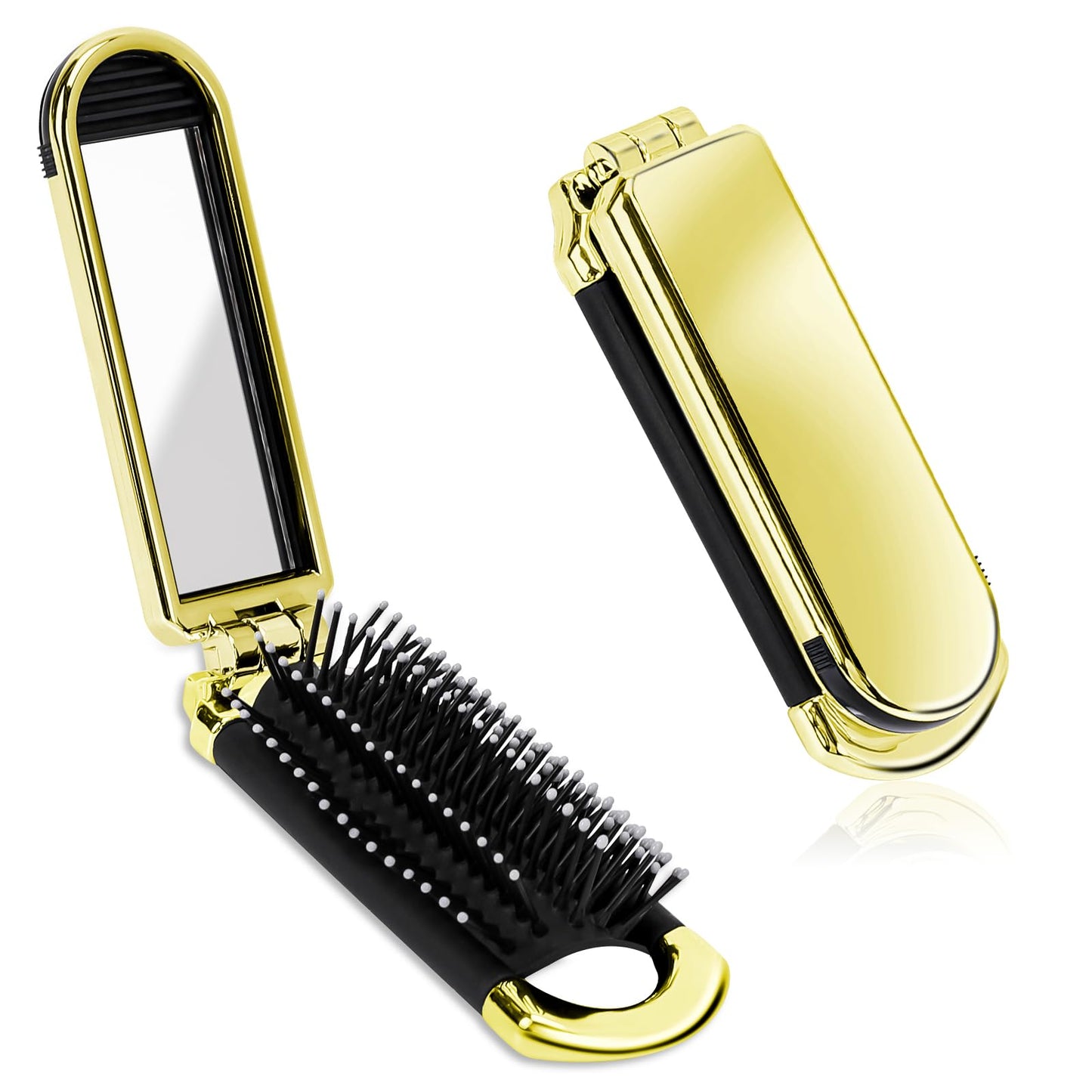 Travel Folding Hair Brush with Mirror, Small Collapsable Hair Comb for Women Portable Mini Pocket Size Scalp Hairbrush with Soft Nylon Bristles for Purse Thick Thin Curly Straight Wet Dry Hair