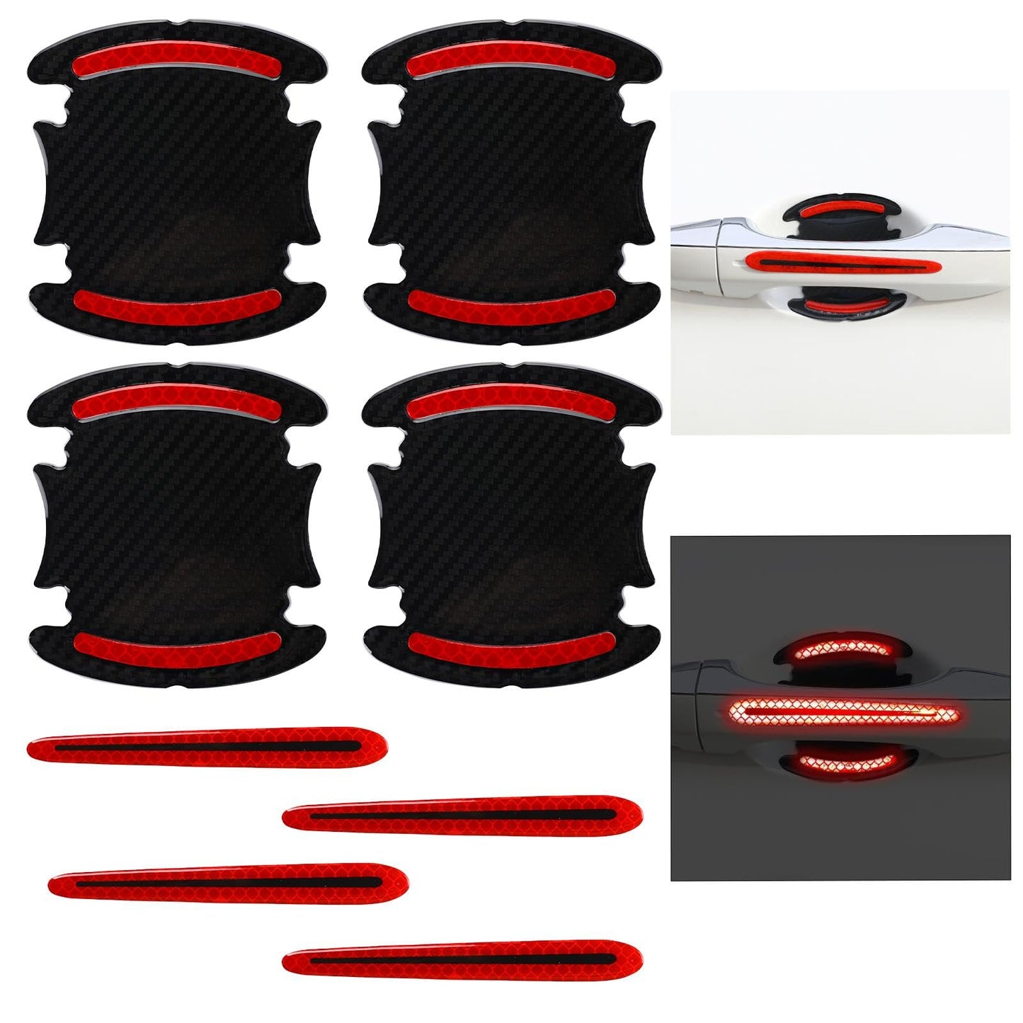 KALIONE 8 Pcs 3D Carbon Fiber Auto Door Handle Scratch Protection Cover Guard Film Red Door Cup Handle Safety Reflective Strips Universal Car Door Handle Protector Stickers