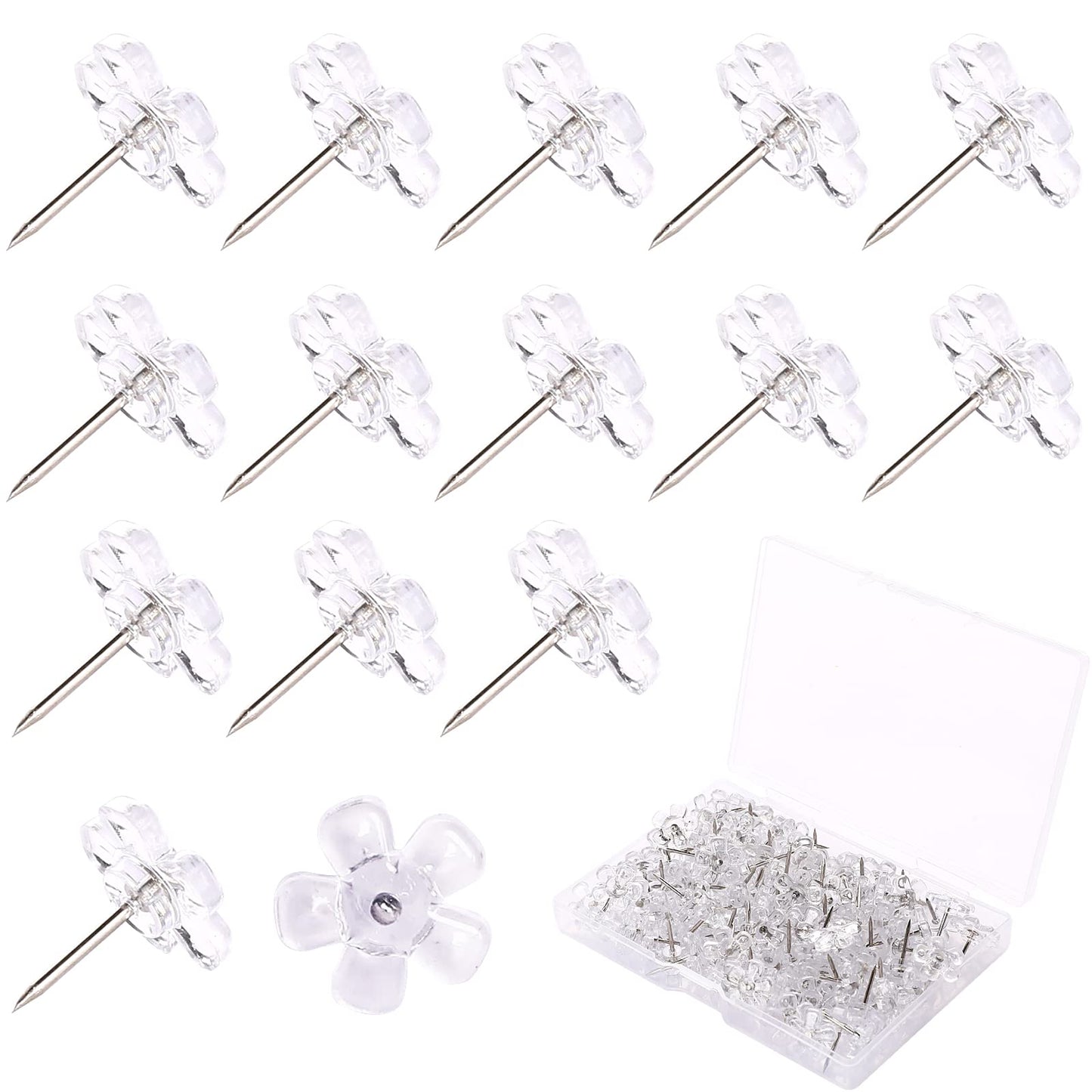 100pcs Wall Pins Plastic Head Thumb Tacks Clear Flower Push Pins with Storage Box Drawing Pins with Stainless Steel Push Pins for Cork Board Bulletin Board (Plum Flower Style)