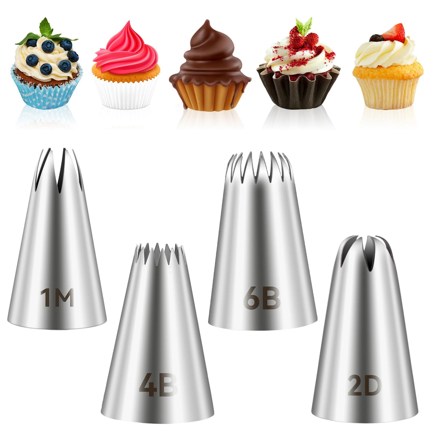 4Pcs Flower Piping Tips Set, Stainless Steel 1M 2D 4B 6B Star Tips for Piping, Seamless Icing Tip Open Star Frosting Tips for Cookies, Cupcakes Cake Decorating Frosting Pastry Nozzles