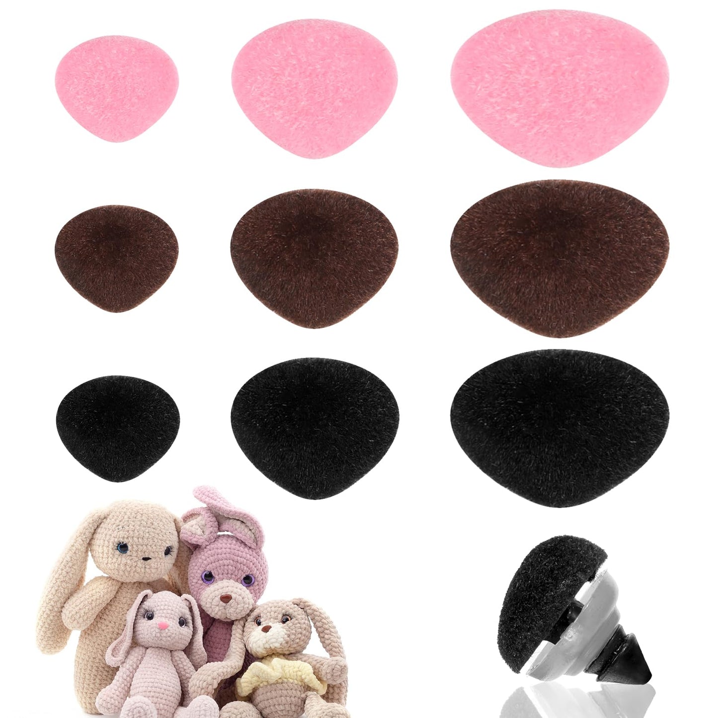 90PCS Safety Noses for Amigurumi, 11/15/20mm Plush Plastic Safety Noses for Stuffed Animals, Stuffed Animals Crochet Nose, Pink Black Plastic Craft Doll Nose with Washers for Plush Doll Bear