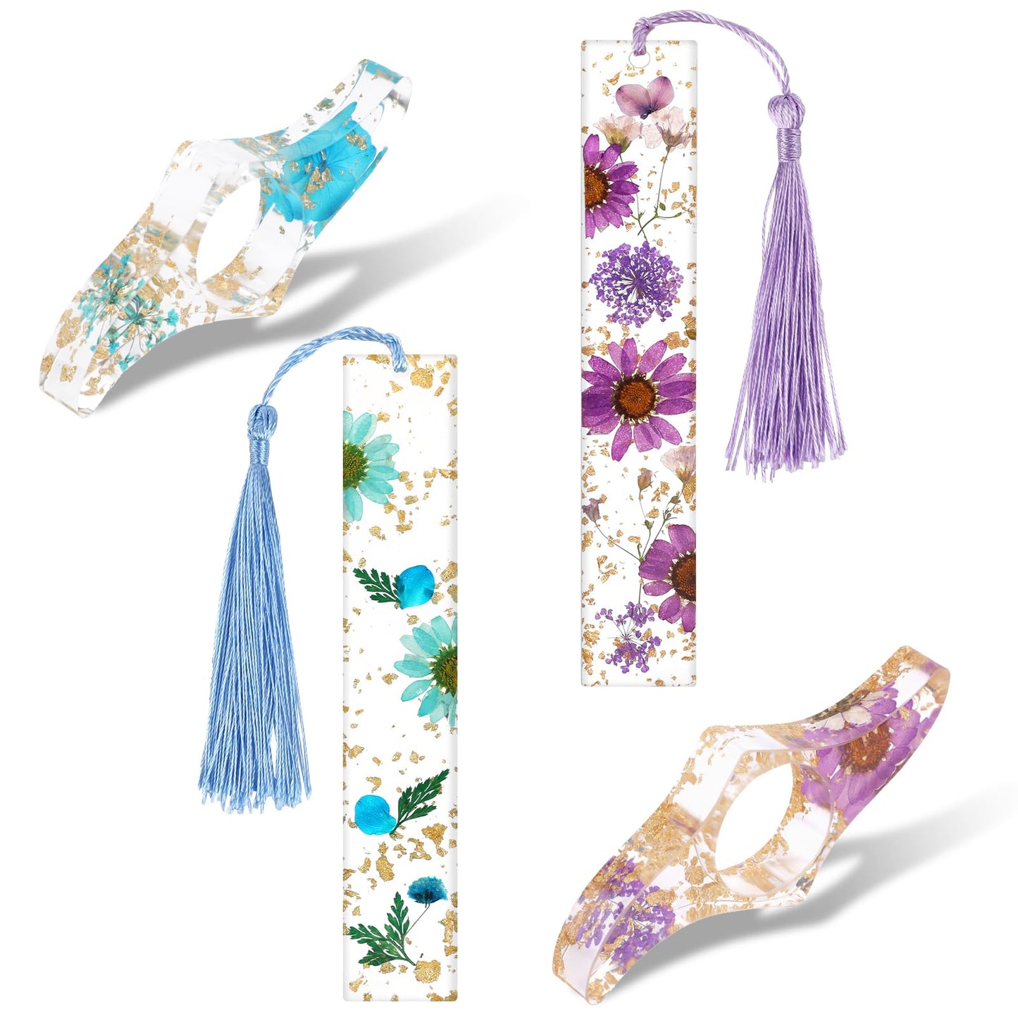 Bookmarks for Women, 4 Pieces Handmade Dried Flower Resin Bookmarks with Tassel and Transparent Floral Book Page Holder Set Cute Book Accessories Gift for Reading Lover Students Teachers