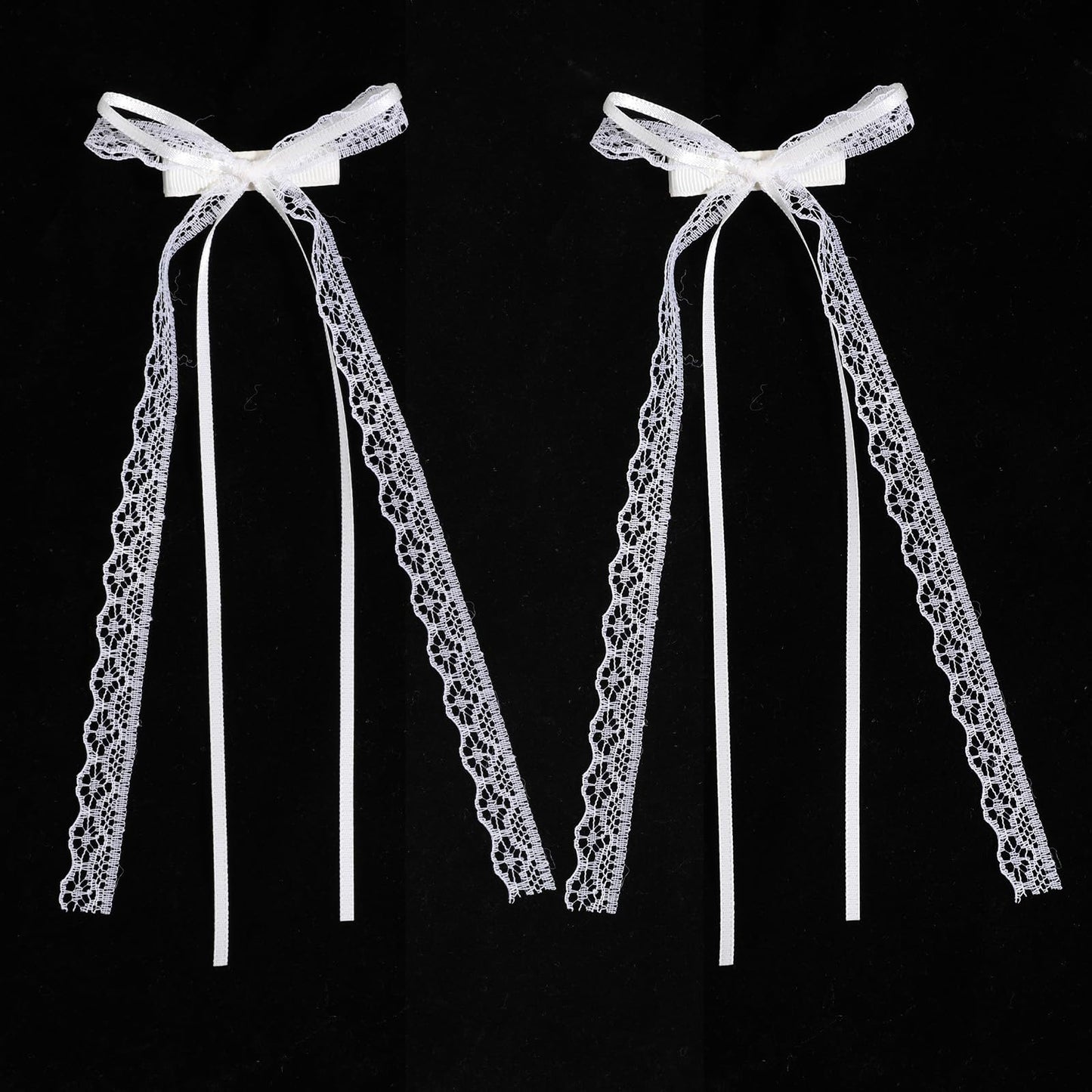 2Pcs White Lace Hair Bows with Long Tail, Coquette Lace Bow Hair Clips for Women, Elegant Ribbon Bow Barrettes Alligator Clip, Wedding Bridal Hairs Accessories for Girls Teens Daily Wear Party Decor