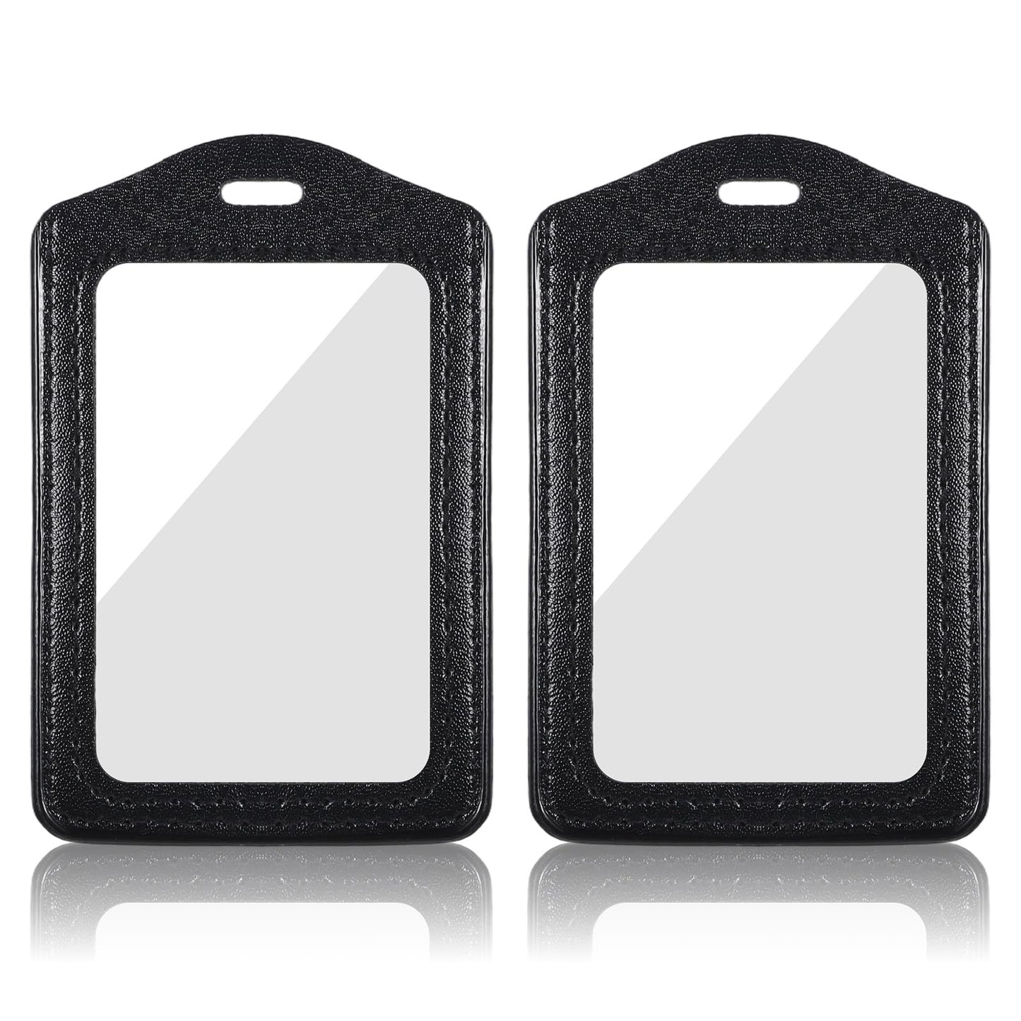 Genuine Leather ID Badge Holders, 2Pcs Leather Badge Holder with Double Side Clear Window, Vertical ID Card Holders, Waterproof Name Badge Holder for Students, Staff, Office, Employees(Black)