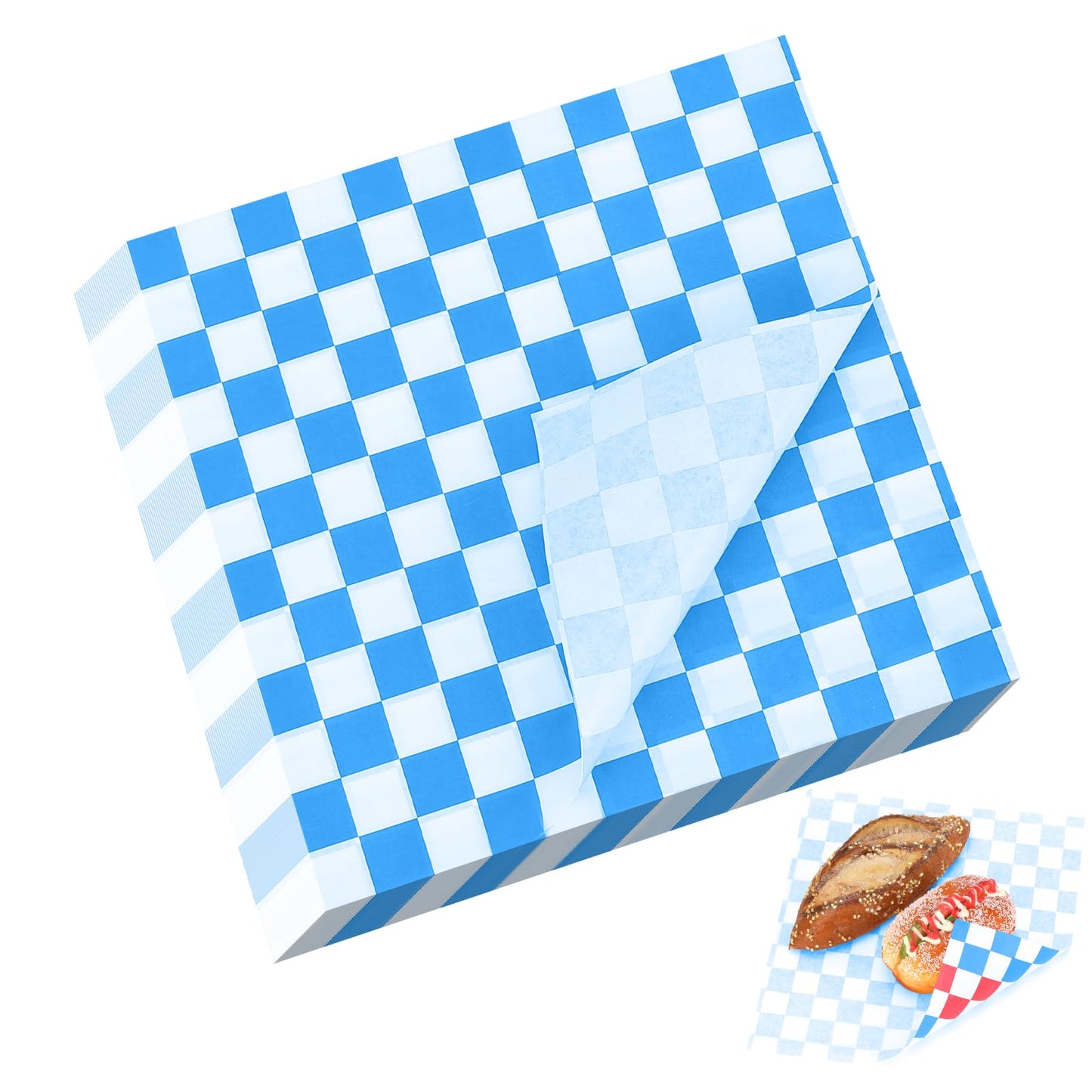 100 Pcs Blue and White Checkered Wax Paper Sheets Greaseproof Paper Deli Liner Checkered Paper Liners Food Basket Liners Sandwich Paper Wraps for BBQ, Picnic, Party (7''x7'')