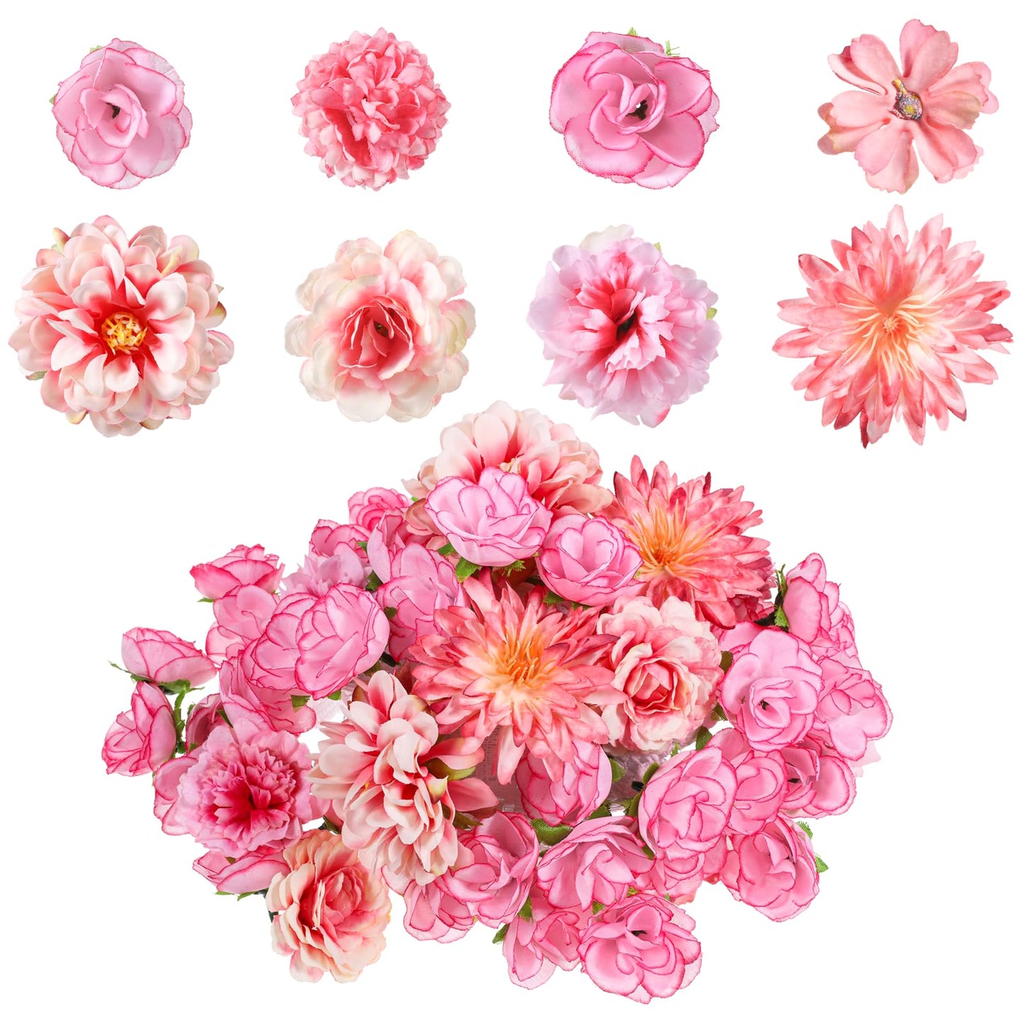 SynHHergyx 60 Pcs Mini Faux Flower Heads, Small Artificial Silk Fabric Roses Peony Daisy, Fake Flowers for DIY Crafts Wedding Party Home Decor, Pink