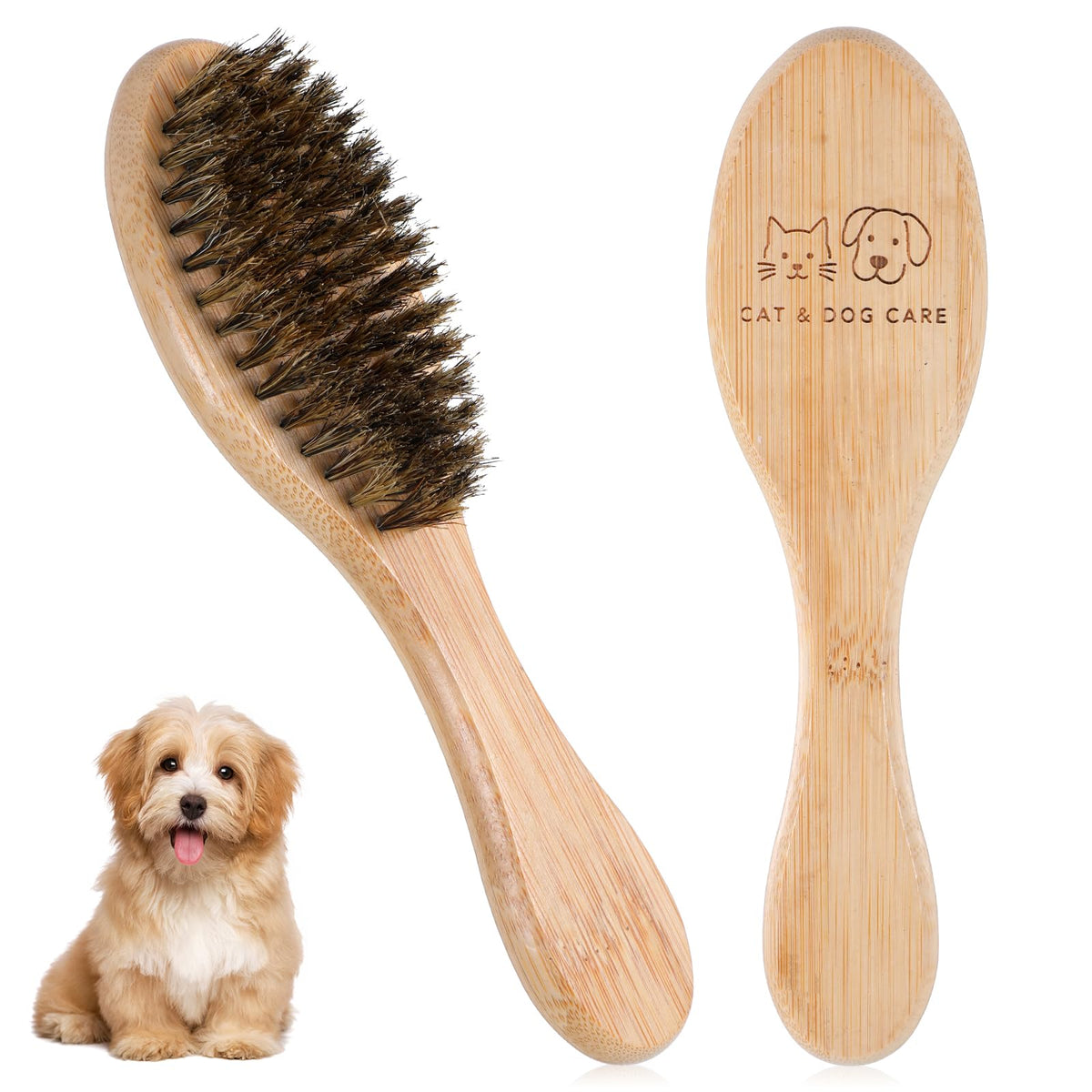 Soft Cat and Dog Grooming Brush for Small & Large Pets | Gentle Deshedding & Grooming Tool, Soft Boar Bristles, Wood Handle, Small Size, Gentle Grooming for Long & Short Hair