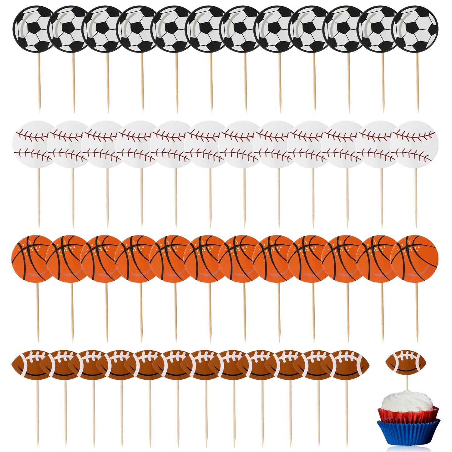 48 Pieces Sports Cupcake Toppers Football Cupcake Toppers Baseball Rugby Cupcake Toothpicks Rugby Basketball Cake Decorations Sports Party Decorations for Sports Ball Game Theme Party Supplies