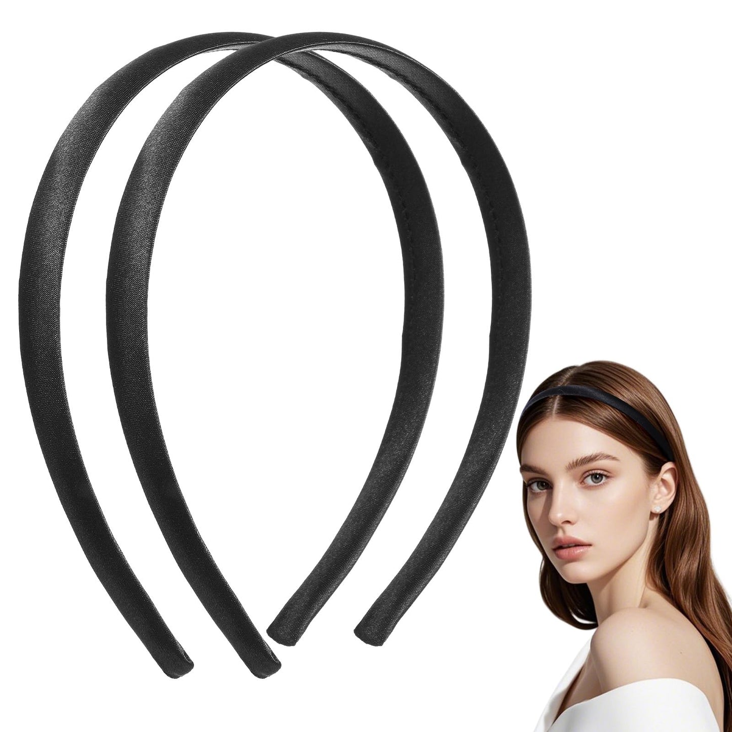 Qulkws 2 Pcs Black Velvet Padded Headbands, Soft Satin Headband, Fashion Elastic Solid Hairband for Women Cosplay Holiday Halloween Crafts Gifts