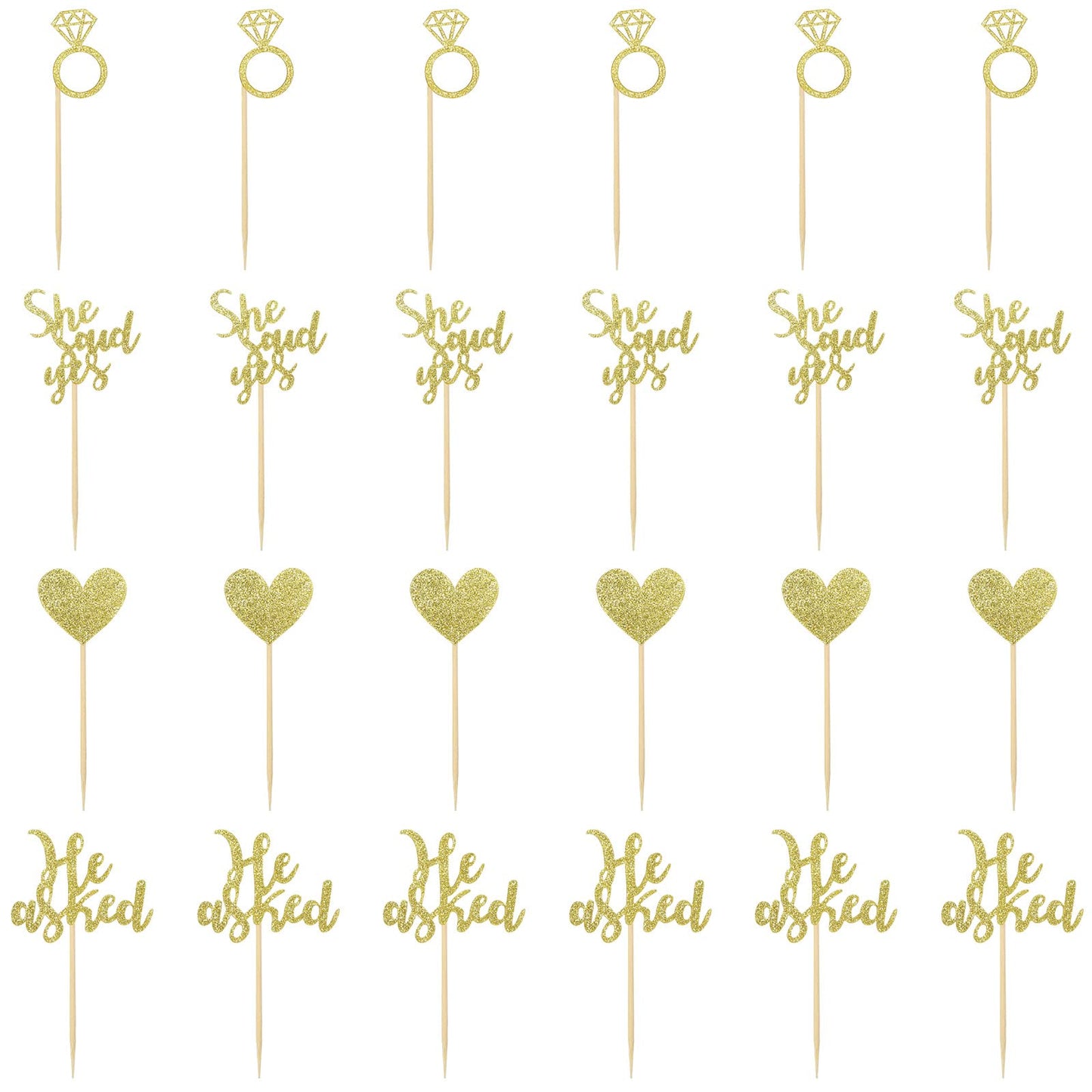 24 Pcs Gold Glitter Wedding Cupcake Toppers He Asked She Said Yes Cupcake Toppers Heart Diamond Ring Wedding Engagement Cupcake Picks Bridal Shower Party Cake Decorations