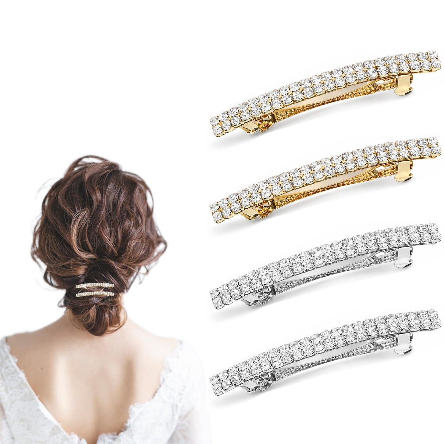 4 Pcs Sparkly Rhinestone Hair Barrettes with Bling for Women, Rectangular Spring Rhinestone Hair Barrettes(2Gold, 2Silver)