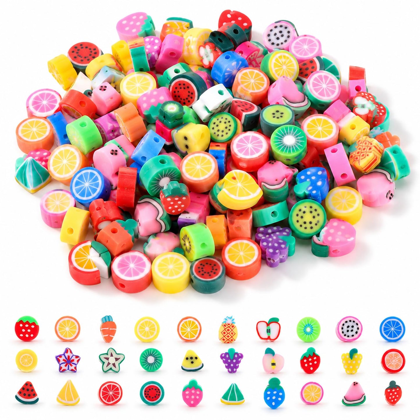 200 Pcs Fruits Polymer Clay Spacer Beads, Fruit Charms for Jewelry Making
