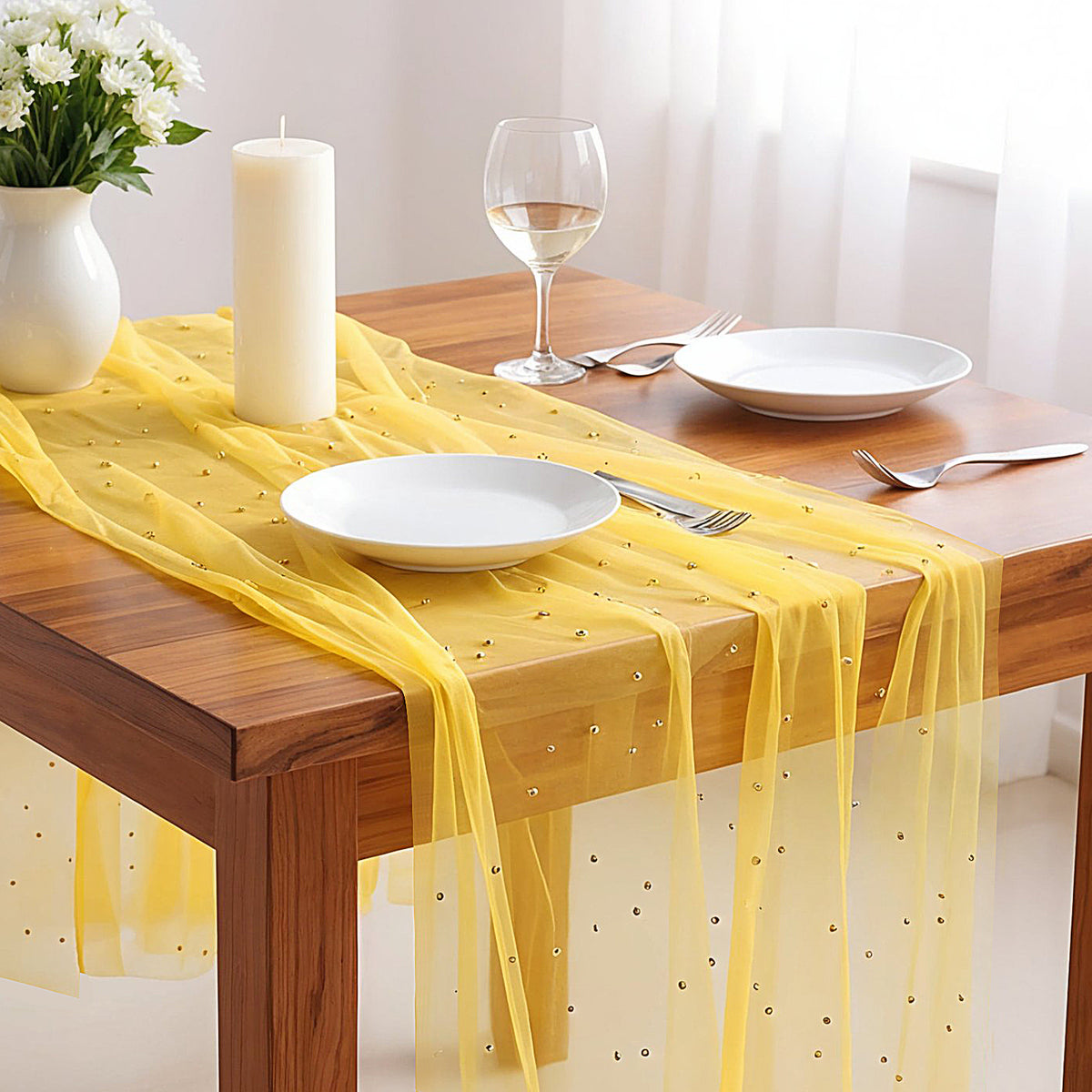 Yellow Pearl Table Runner Light Yellow Spring Summer Table Runner Yellows Boho Tulle Lace Tables Runners Easter Tables Runners for Baby Shower Wedding Party Veil Dessert Dessert Tabless Decor
