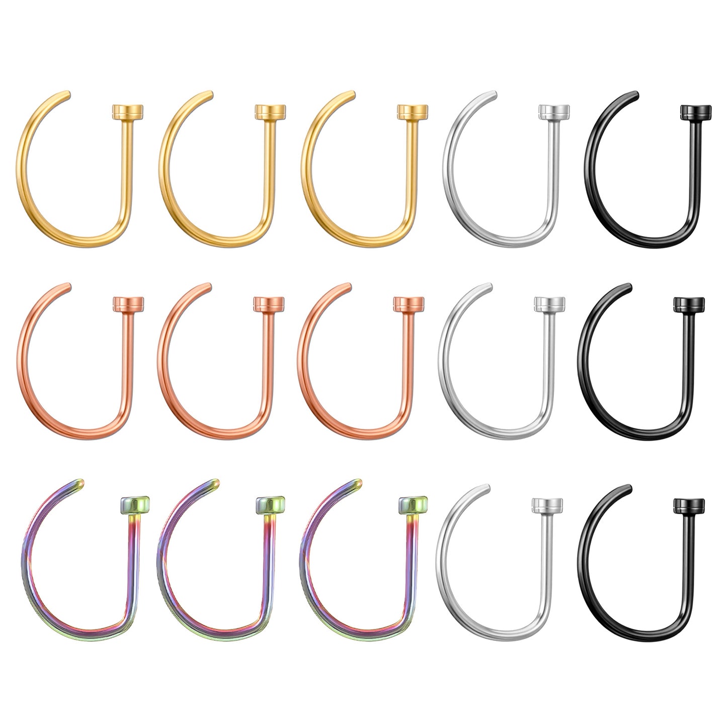 Skrfren 15 PCS 20G 8mm Fake Nose Rings Hoop Set, D Shaped Stainless Steel Faux Nose Hoops, Non Pierced Clip On Lip Septum Rings, Piercing Jewelry for Women for Halloween Party Daily Wear (Multicolor)