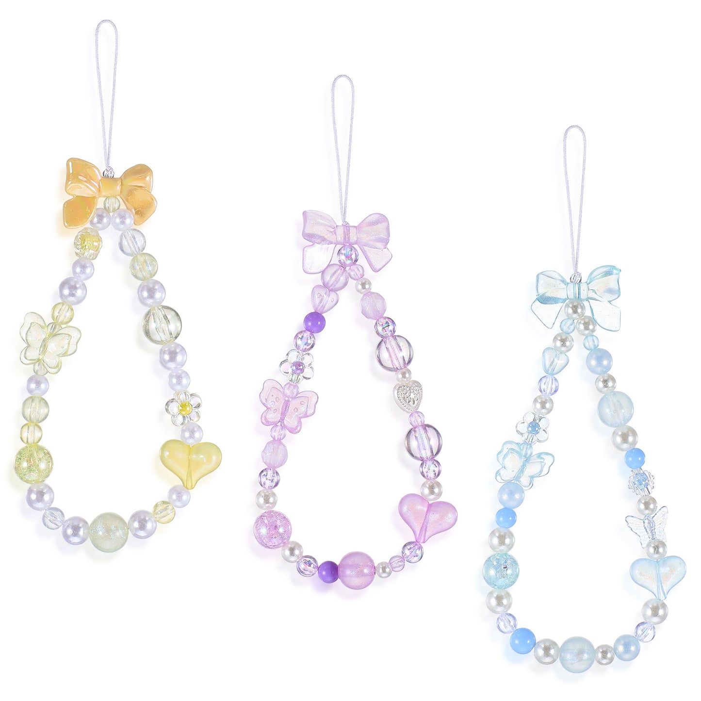 Zelphvt Beaded Phone Charm Wrist Strap Lanyard Cute Bow Butterfly Love Heart Flower Beaded Charm Phone Bracelet Keychain Charms Strap for Women, Blue, Purple, Yellow