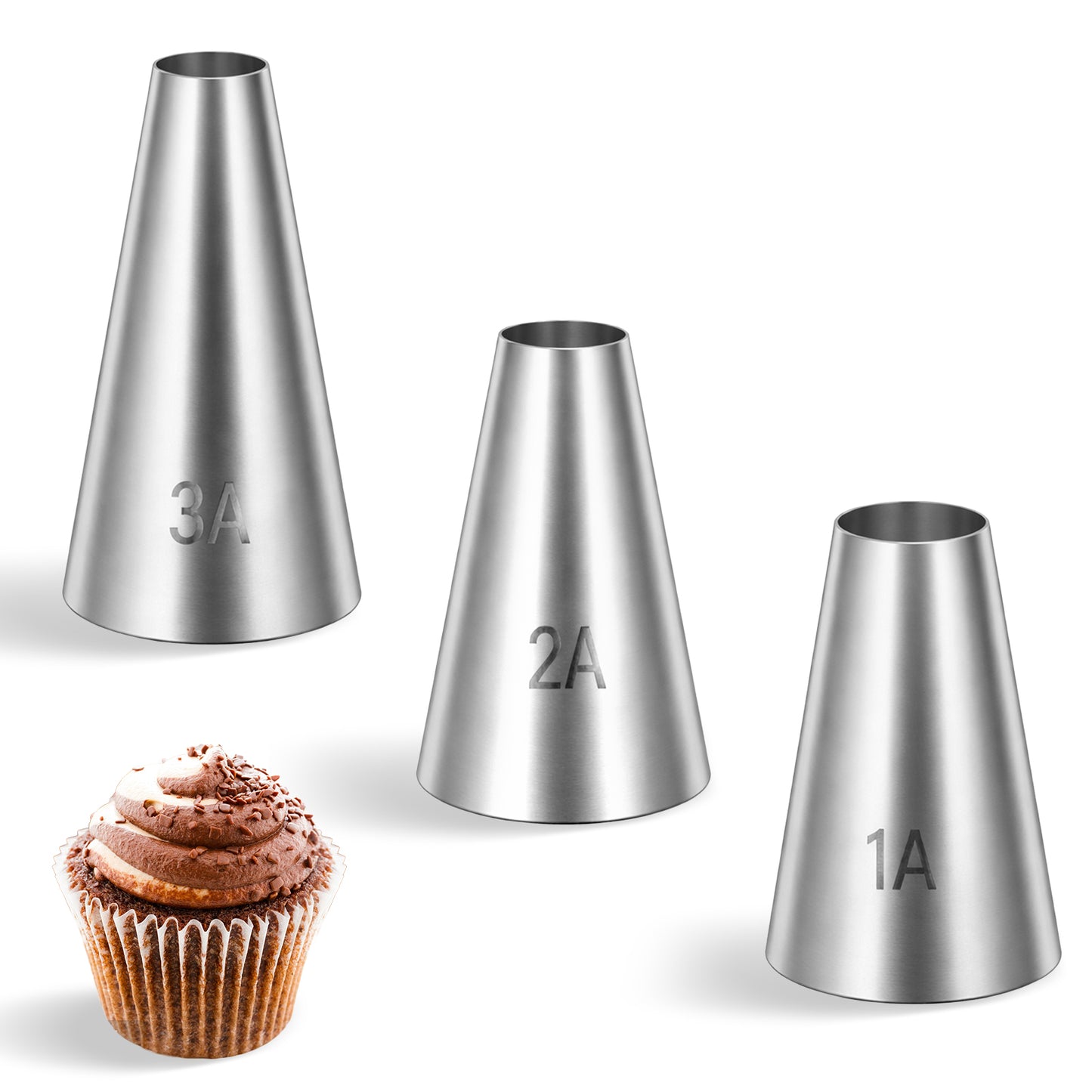 1A/2A/3A Large Cake Piping Tips, 3 PCS Round Piping Tip for Cake Decorating Stainless Steel Frosting Tips Professional Baking Decoration Tools for Cupcakes Cakes Cookies Macarons Pastry Fondant