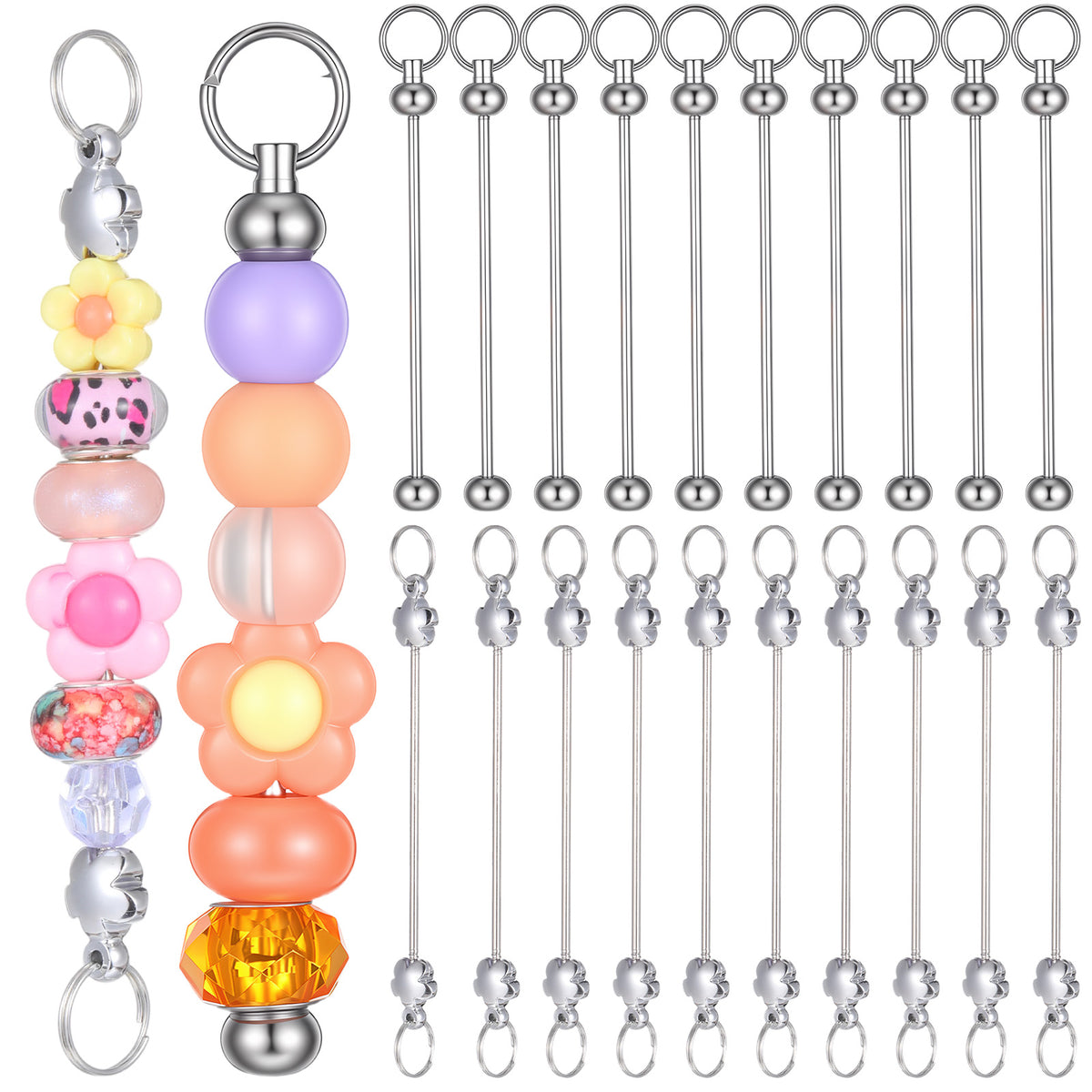 Ezymivs 20 PCS Beaded Keychain Making Kit, Silver Blank Beaded Keychains