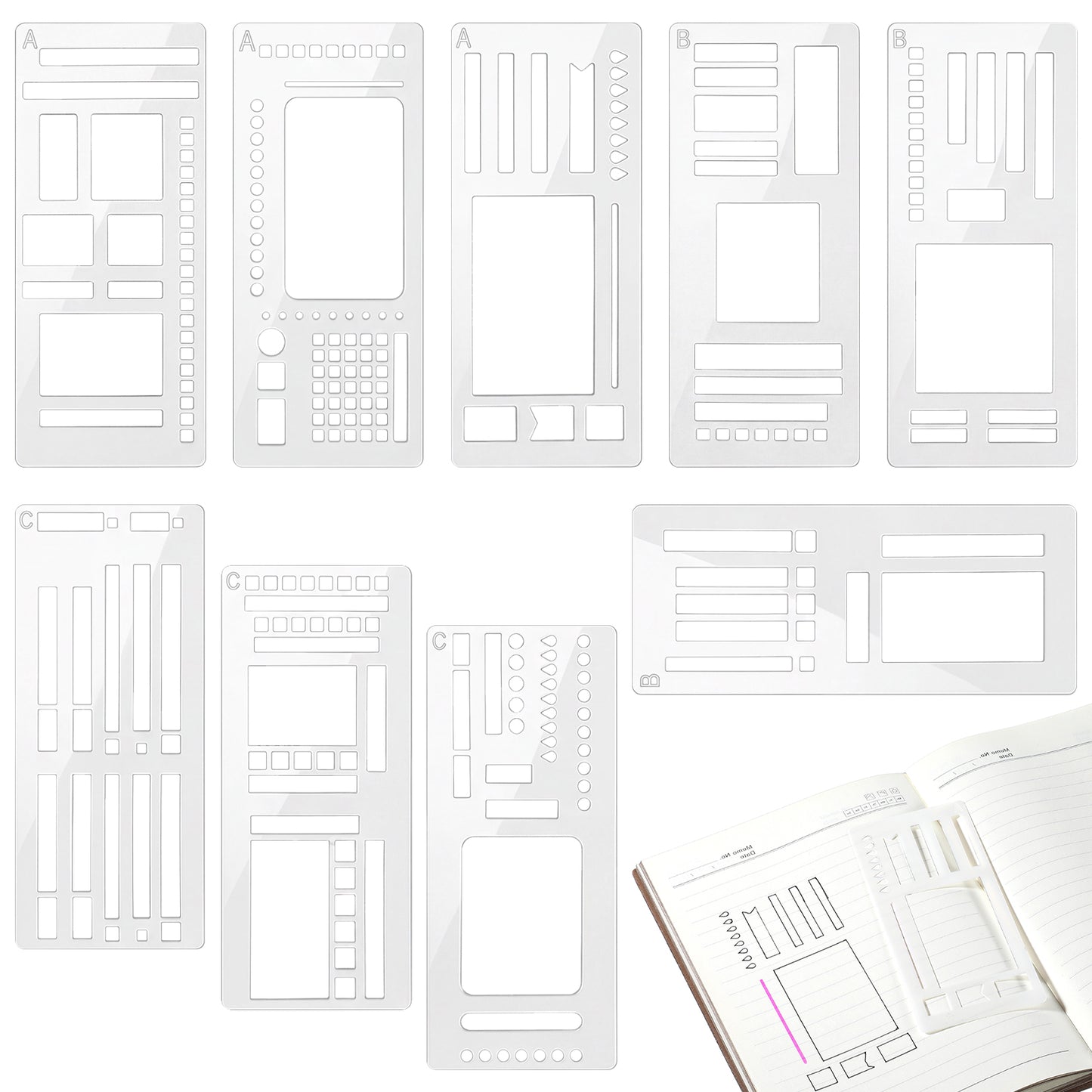 9Pcs Handmade Flexible Record Template Planner Stencils for Journaling Calendar DIY Craft Supplies Dot Grid Journals Reusable Drawing Checklist Templates
