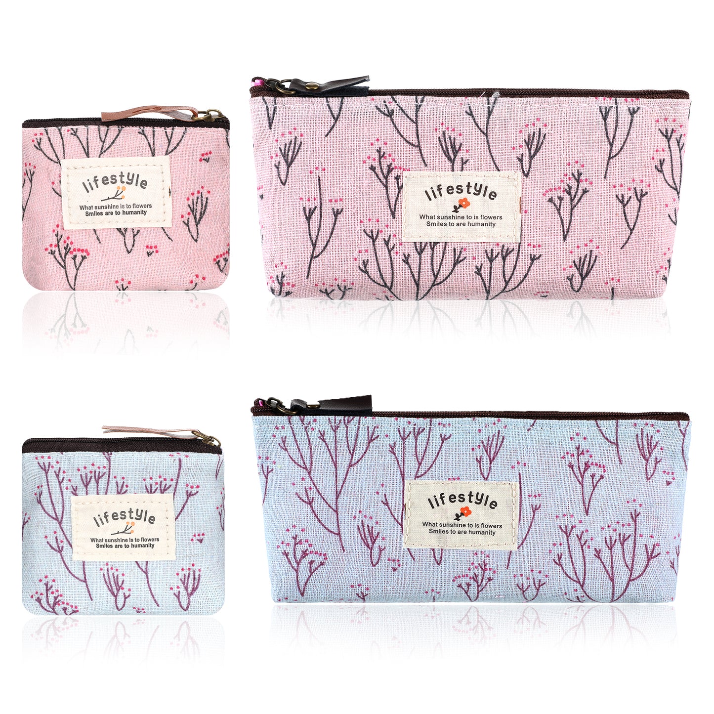 Mini Cosmetic Bag for Purse, 4 Pcs 2 Sizes Canvas Floral Mini Zipper Pouch Cute Portable Linen Fabric Small Makeup Pouch for Women Girls Home Travel Lipstick Coin Cards Storage