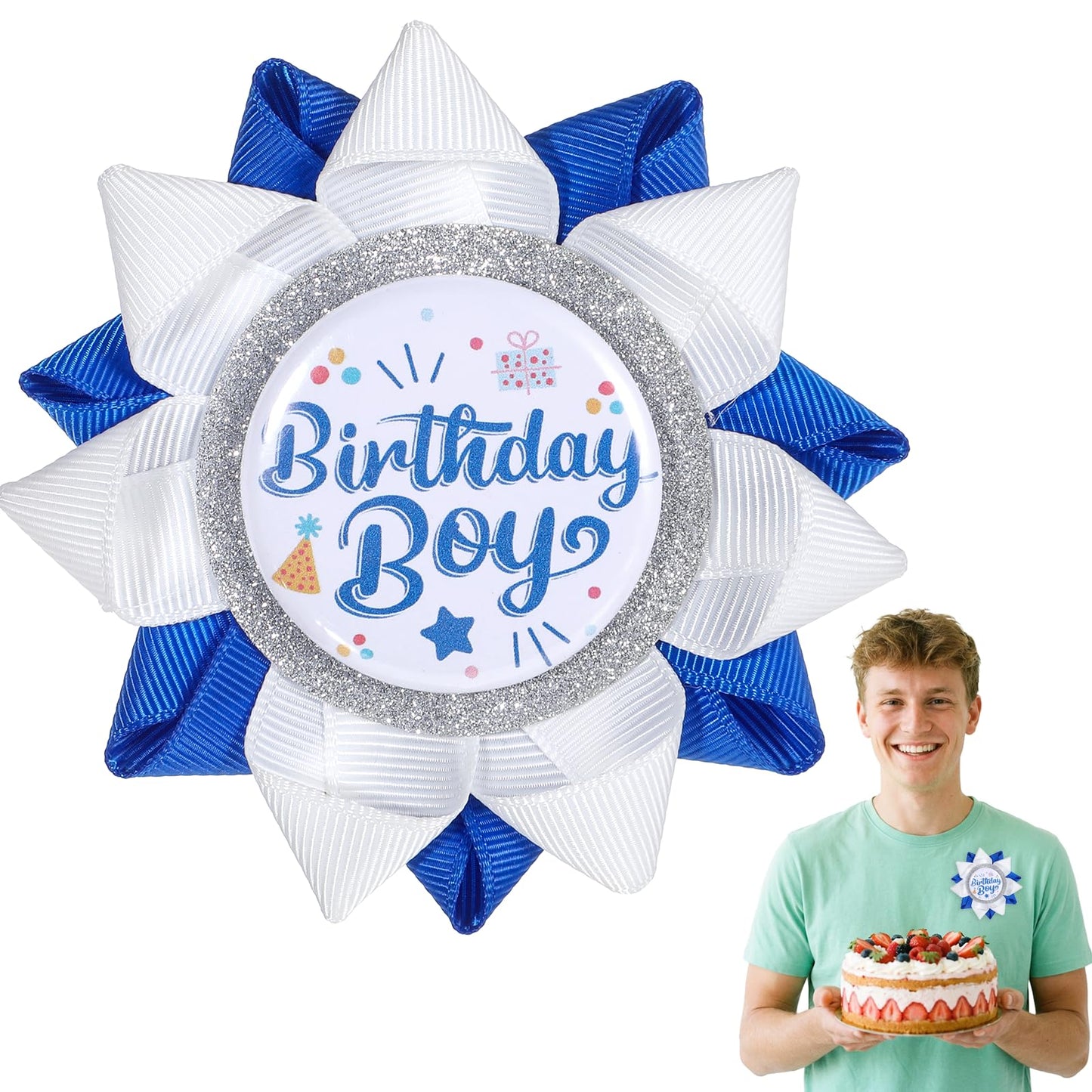 Handmade Birthday Boy Pin Button, White Blue Grosgrain Ribbon Happy Birthday Ribbon Pin Glitter Happy Birthdays Boy Badge Pins Decorations for Men Boys Birthdays Party Supplies
