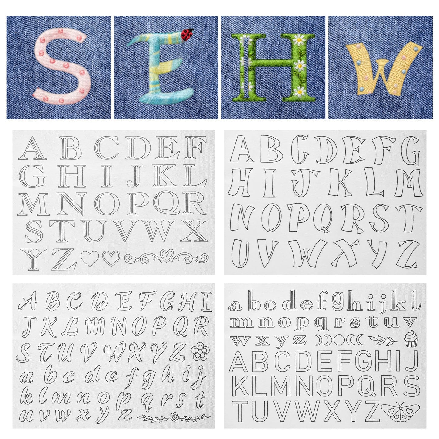 4 Sheets 172 PCS Wash Away Embroidery Letters Stickers, Embroidery Patterns Water Soluble Hand Sewing Stabilizers A-Z Flower Alphabet Tear Away Embroidery Stabilizers for Carves Shirts Coats Towel Bag