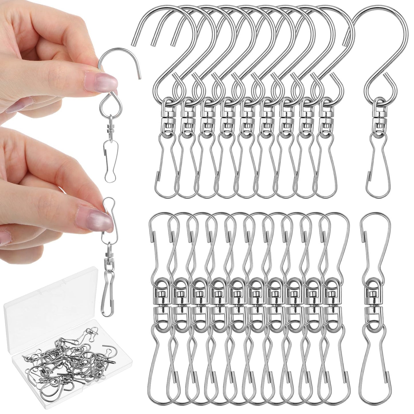 Wind Spinner Swivel Hooks, 20 Pieces Stainless Steel Swivel Hooks for Wind Spinners 360 Degree Rotating Windsock Clips Hanger Swivels Clips for Winds Chimes Bird Feeder Crystal Twisters Party Supply
