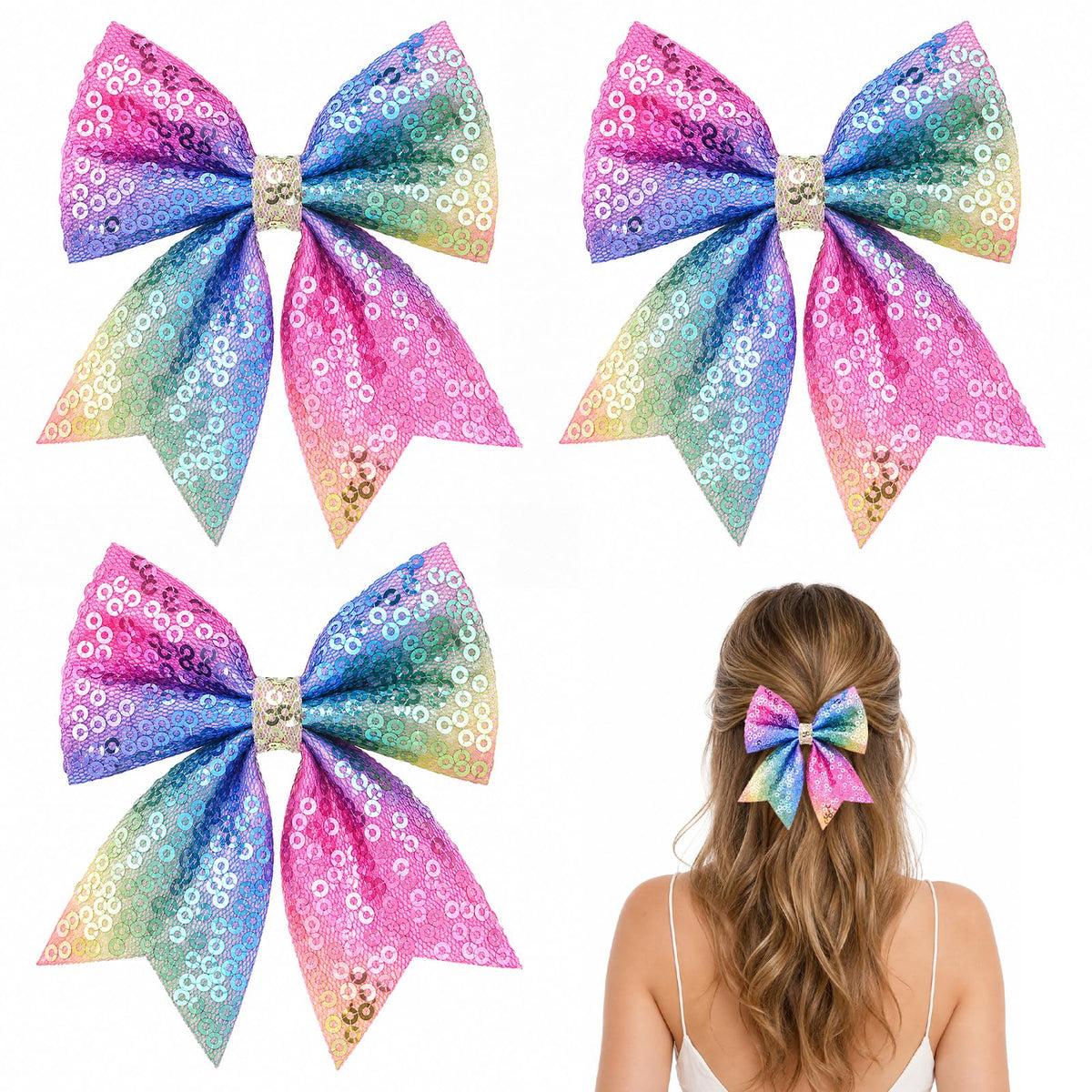 Bows for Girls Rainbow Hair Clips Pastel Fabric Metal Accessories, 3Pcs