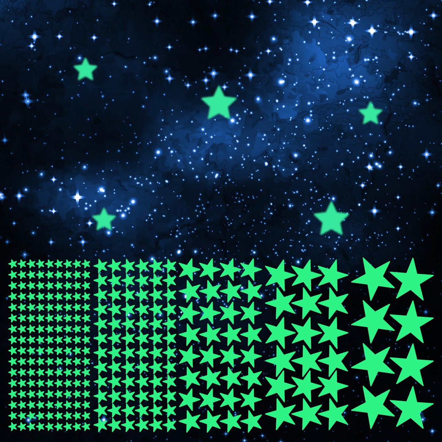 628pcs Glow in The Dark Stars Stickers, Ceiling Stars Stickers for Ceiling, Fantastic Wall Stickers for Bedroom Kids Bedding Room or Living Room Decor, Green, Bright and Lasting