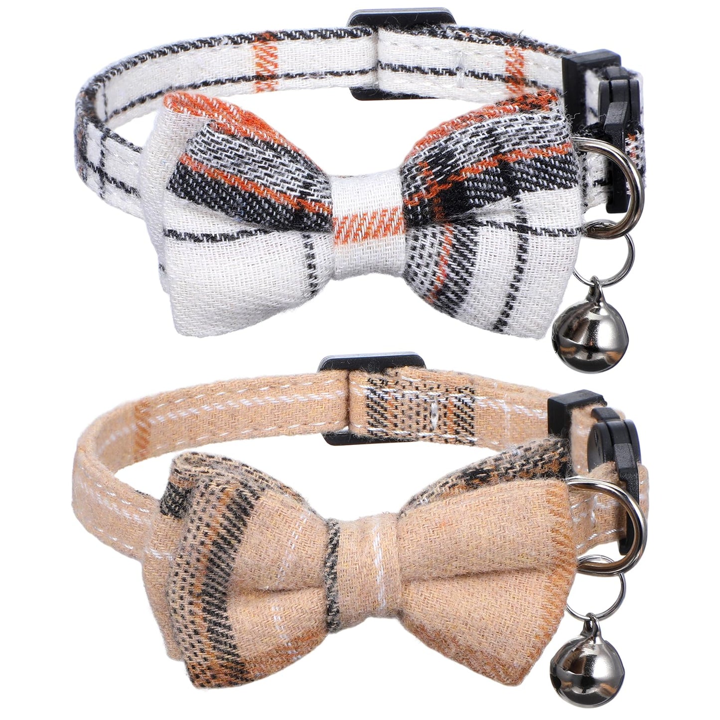 2PCS Breakaway Cat Collars, Bow Tie Cat Collar with Bells, Cute Bowtie Plaid Collars with Buckle, Soft Adjustable Kitten Accessories for Indoor Cats, Puppy and Small Pets