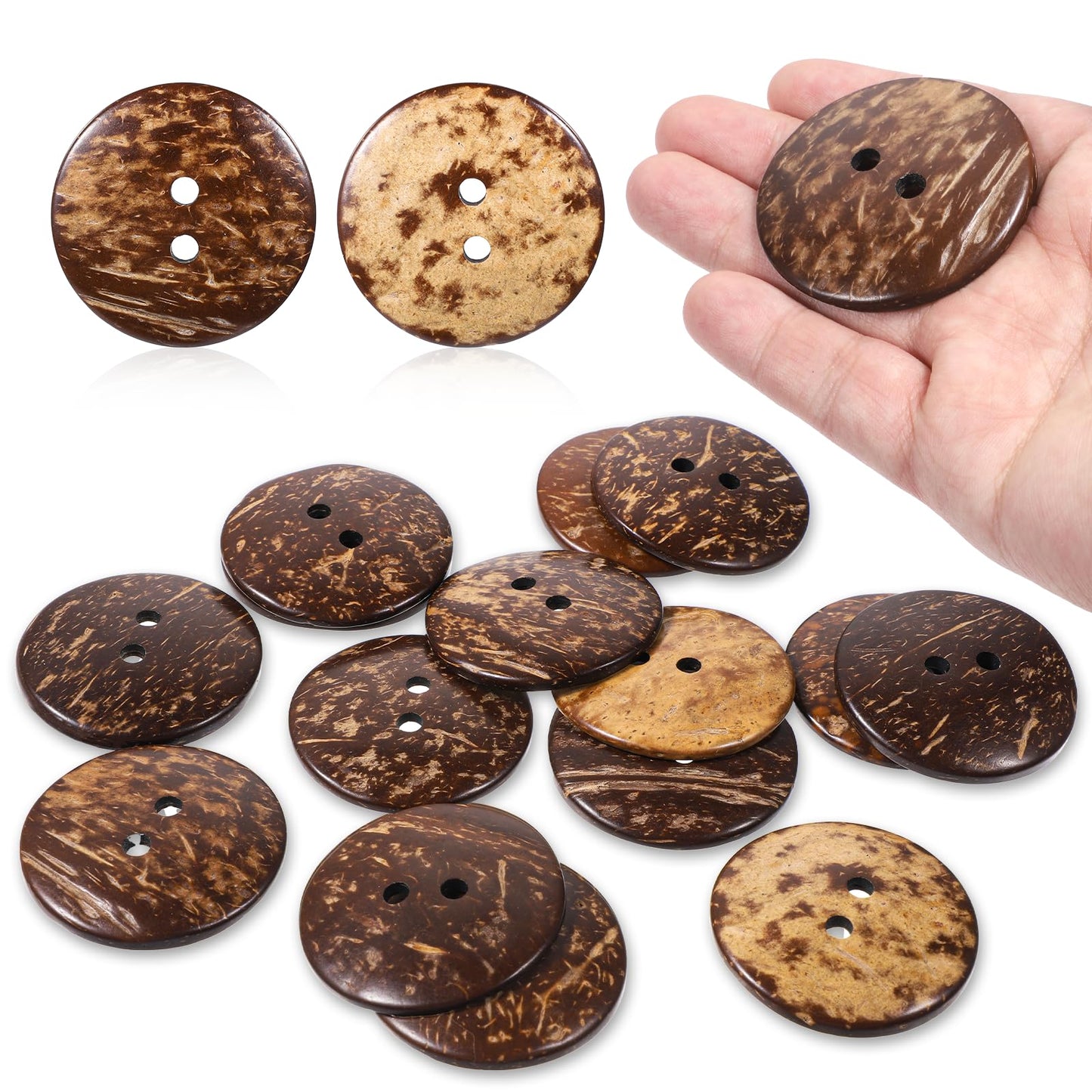 15 PCS Natural Coconut Shell Buttons, 2 Inch Large Coconut Buttons Coconuts 2 Holes Button Bulk Brown Wooden Sewing Replacement Button for Sewing DIY Crafts Clothes Decorations (50 mm)