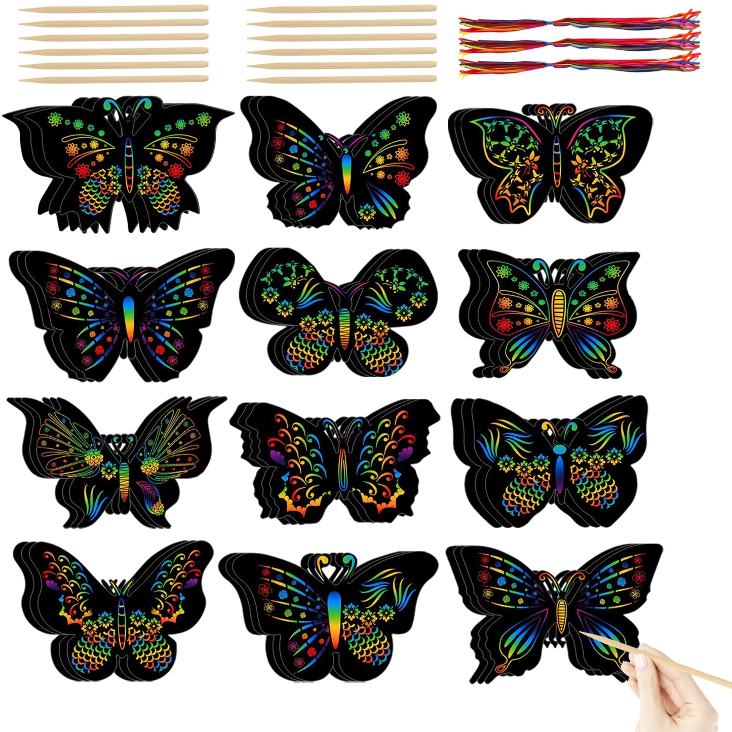 36 PCS Butterfly Scratch Cards Scratch Art Butterfly Party Favors Party Craft Butterflies Crafts for DIY Crafts Birthday Party Halloween Christmas, 12 Styles Bamboo Stylus Included