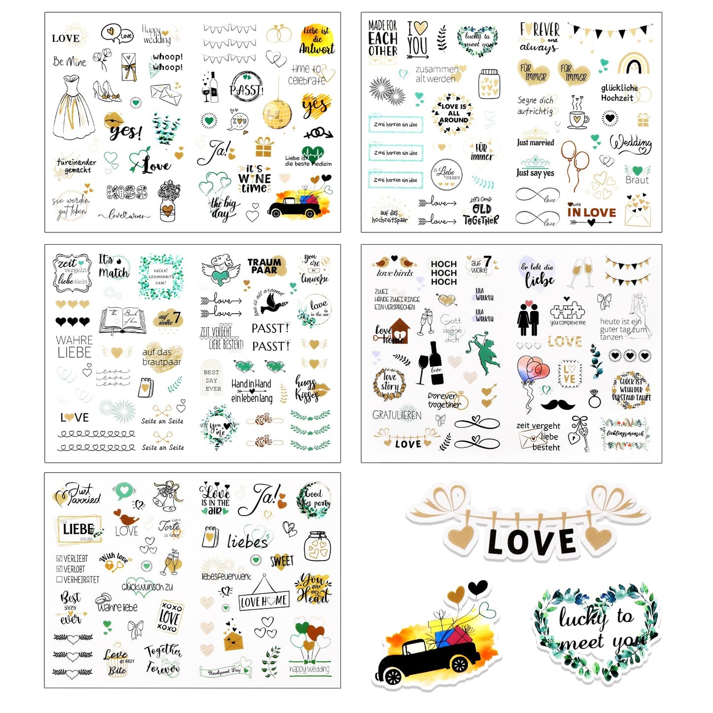 266 pcs Wedding Stickers, Wedding Guest Book Stickers Personalised Marriage Stickers Wedding Favour Stickers Wedding Love Decoration Stickers for Photo Album Greeting Cards (5 Sheets)