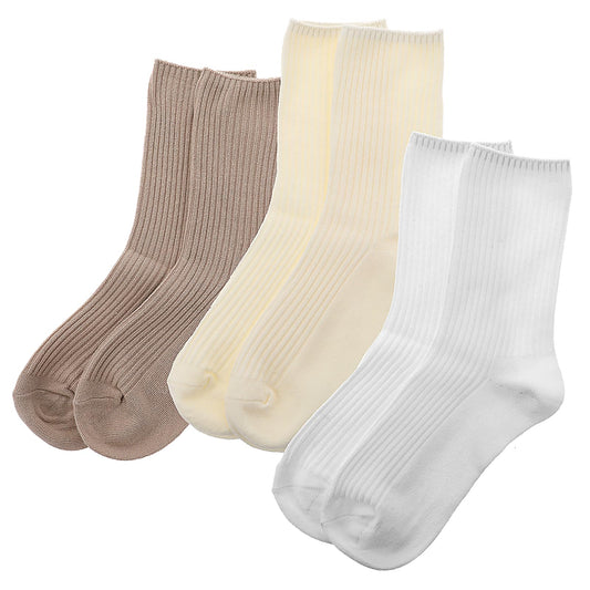 Vin Beauty Women's 3-Pack Multi-Color Cotton Socks, Crew Length, Striped, Moisture Wicking, Suitable for Sports, Leisure and Parties (White, Beige, Light Brown, Size 10-10.5)