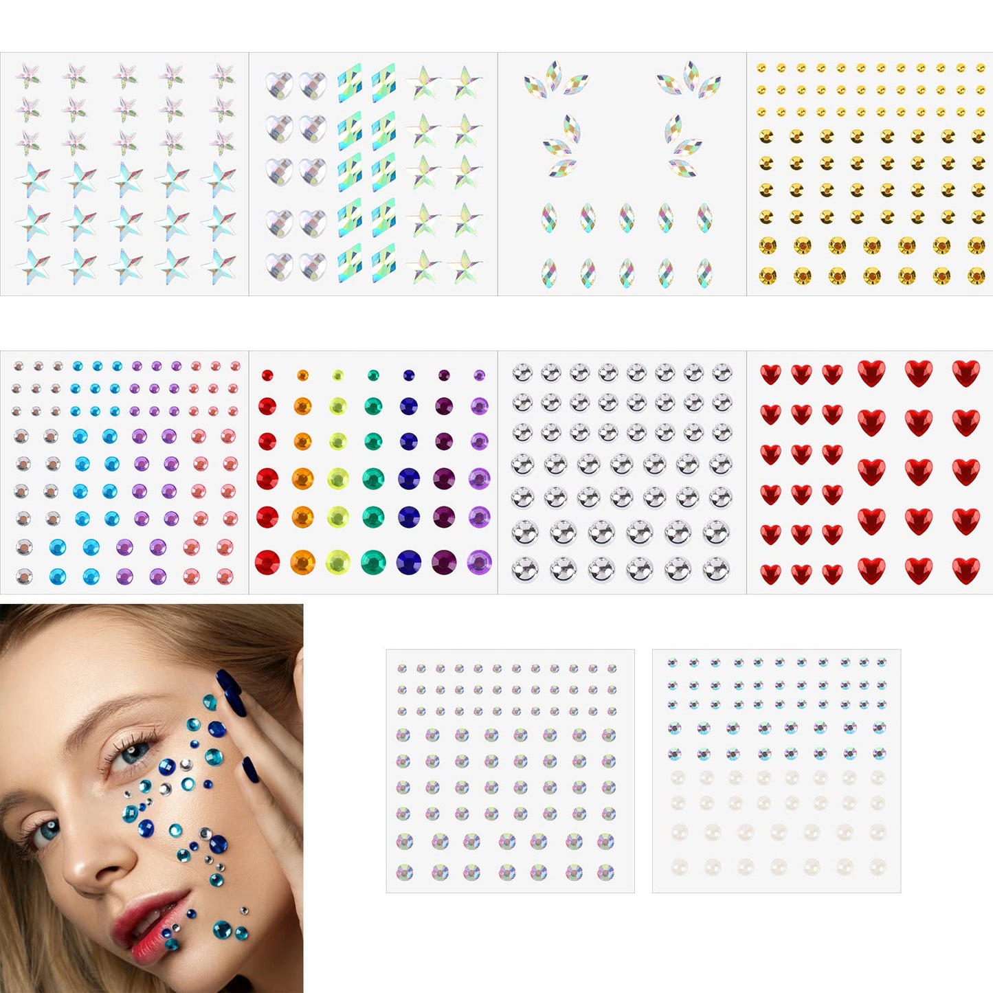 10 Sheets Face Jewels, Festival Face Gems Rhinestones for Makeup, Self Adhesive Rainbow Heart Dots Crystal Glitter Stickers Stick On Face Gems for Festivals Women Eye Hair Body Makeup