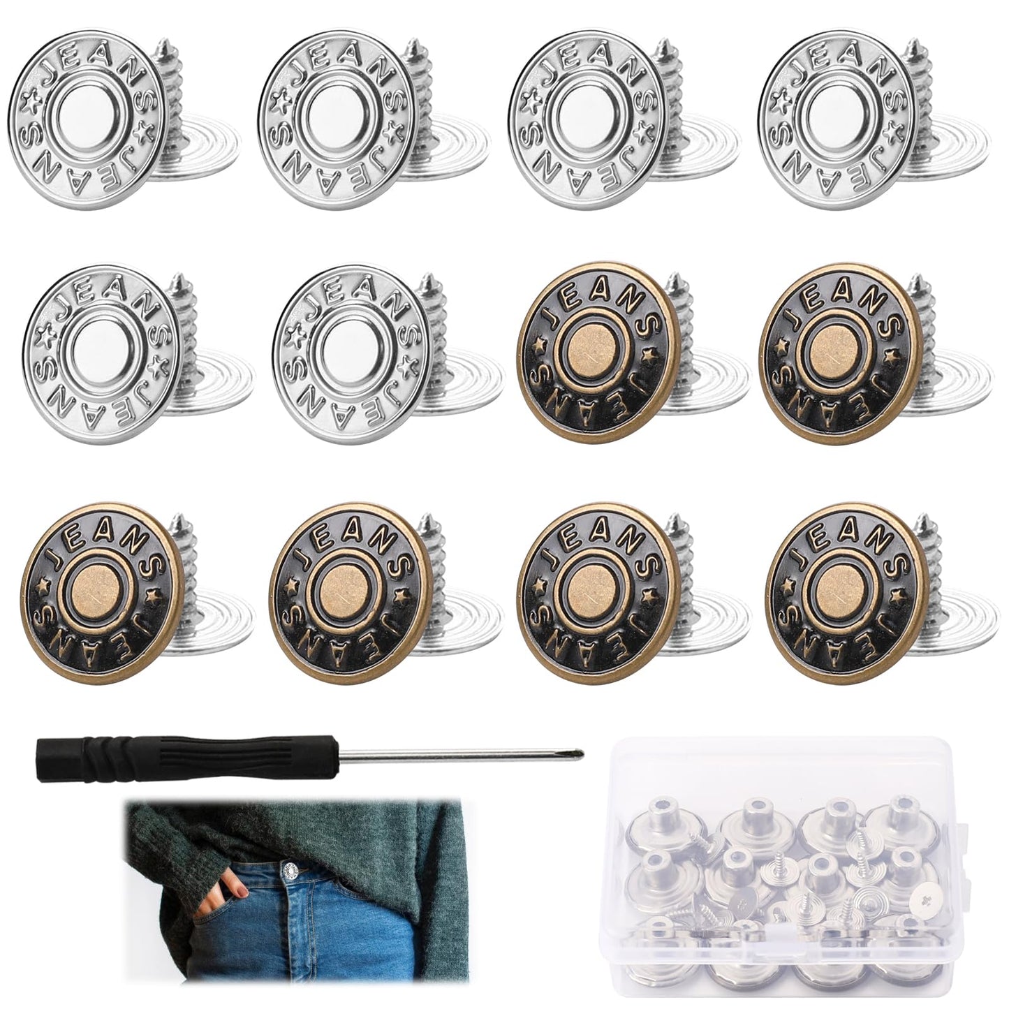 12 Sets Jean Buttons Pins, Adjustable Buttons for Jeans, Pants Button Tightener for Jeans Too Big, Pant Buttons to Size Down Jean Button Replacement for Loose Jeans