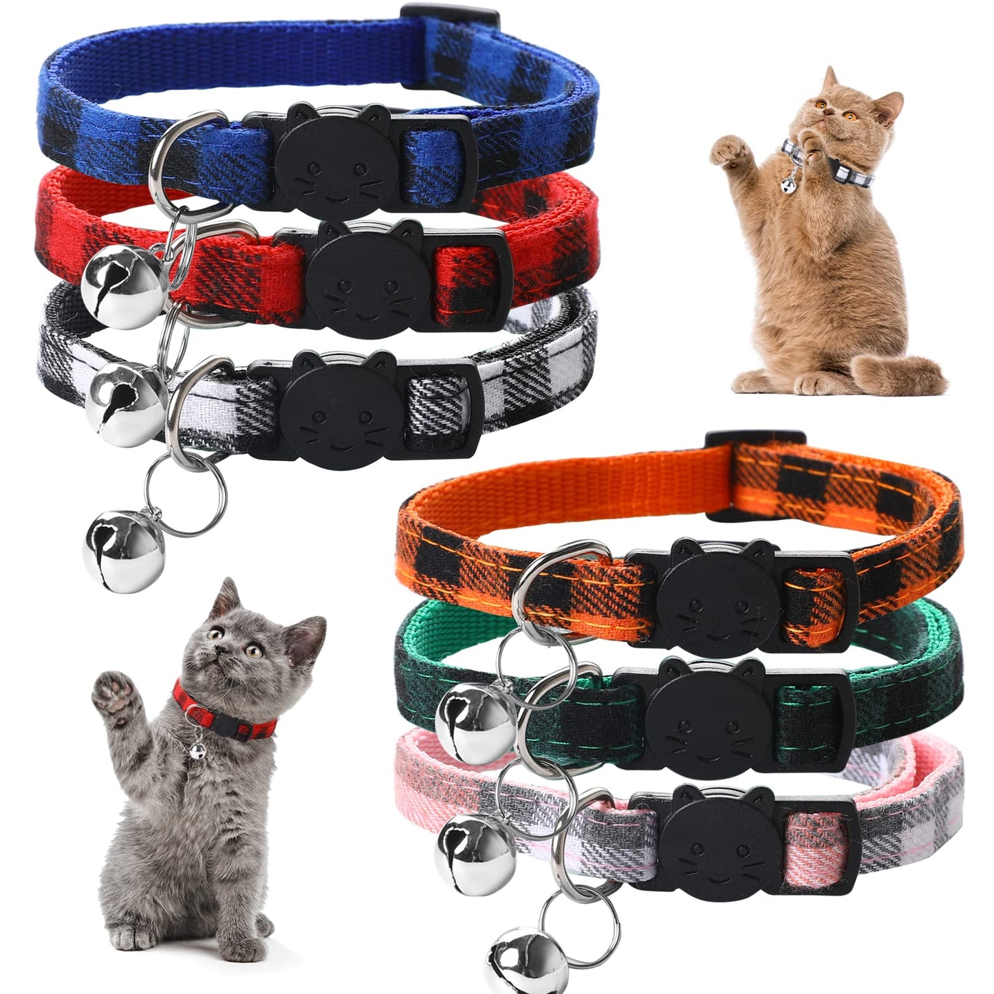 6 Pcs Plaid Cat Collar with Bell Classic Cat Collars for Boy Cats Adjustable Cat Collar Breakaway Kitten Collar Cute Kitty Safety Collars Small Pet Collars