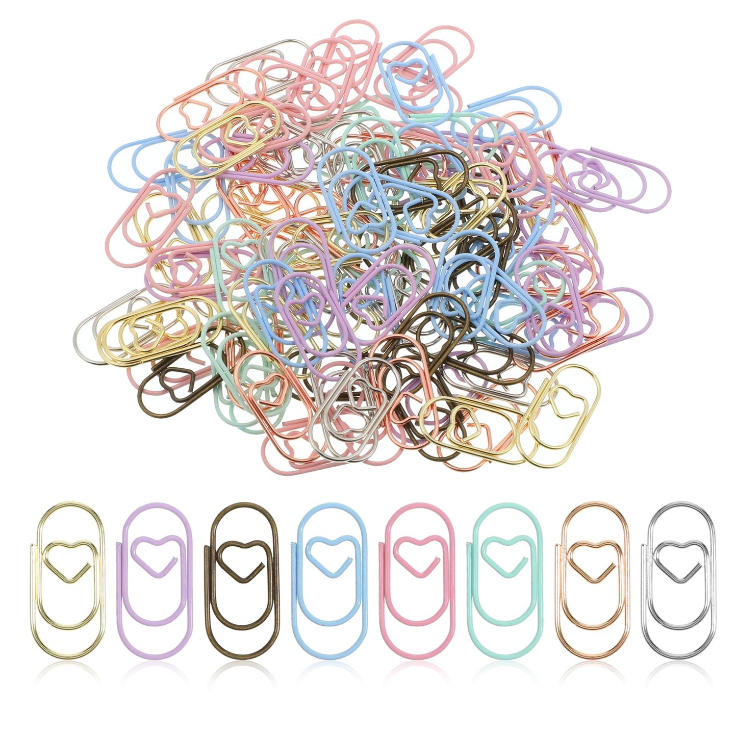 100Pcs Heart Paper Clips, Coloured Paperclips Metal Small Cute Paper Clip Heart Shaped Paperclip for Office Document Organizing School Wedding Home, 8 Colors