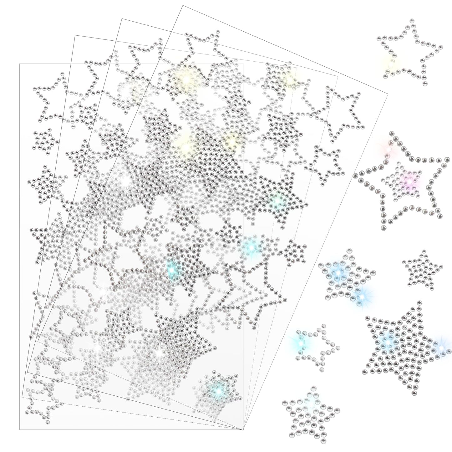 Star Stickers 7 Sizes Glitter Silver Labels Self-Adhesive Star Crystal Glitter Rhinestone Stickers for Crafts Sparkling Labels for Gift Decoration Dress Patch Furniture Scrapbooking 4 Sheets