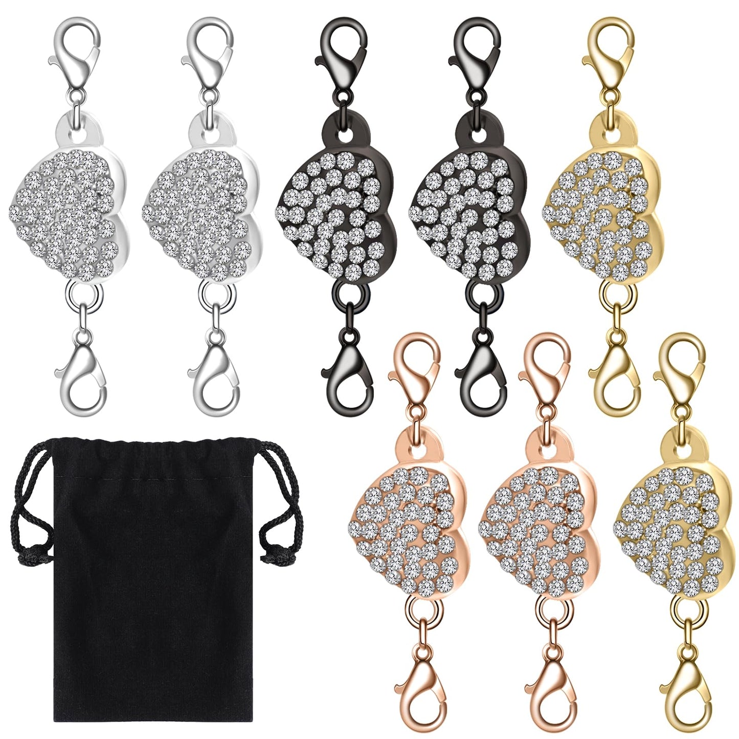 Magnetic Clasps for Jewelry Locking,8 Pieces Heart Clasp Double Lobster Clasp Magnetic Jewelry Clasp Self-aligning Magnetic Rhinestone Clasps Heart-Shaped Suction Lock Exdenter for DIY Jewelry Making