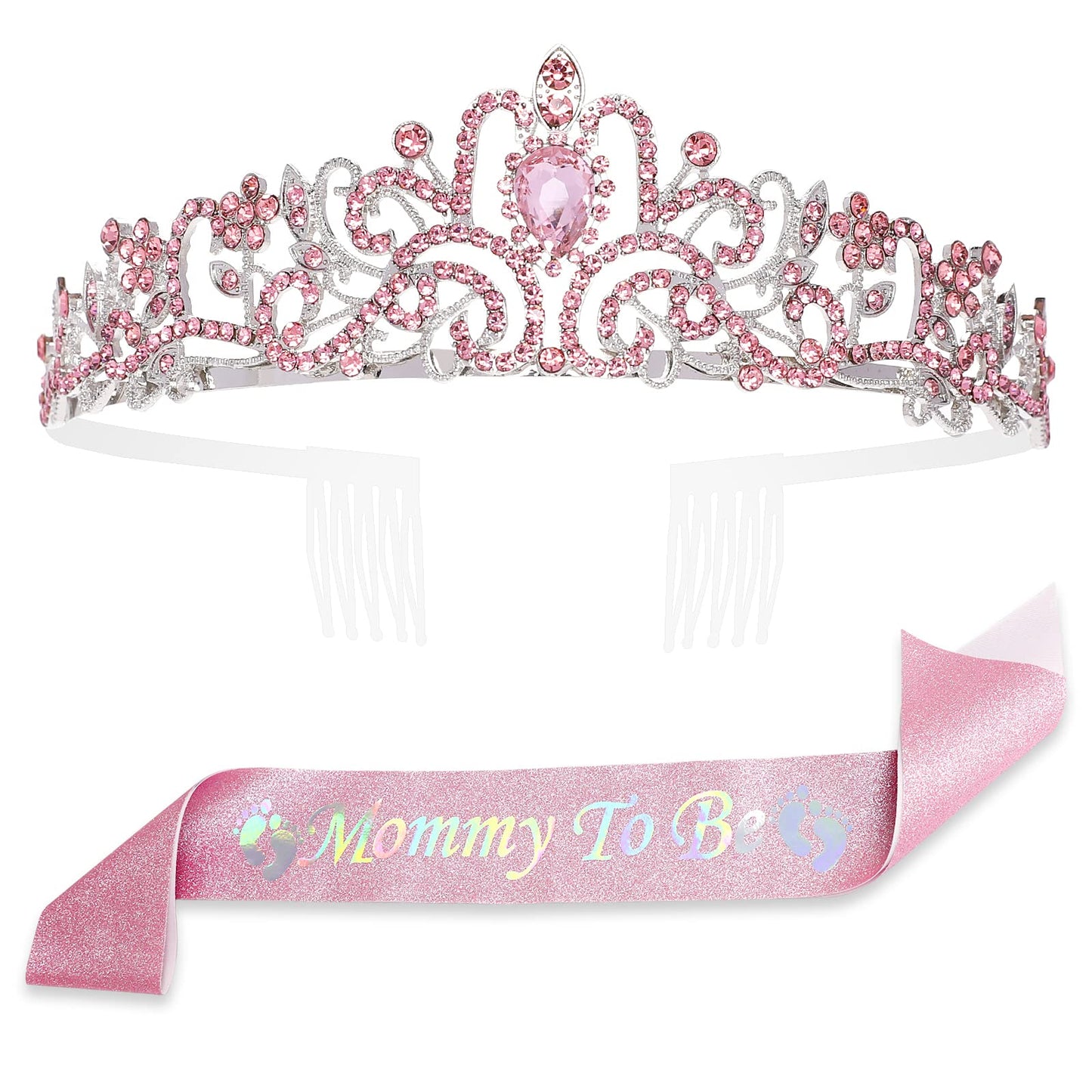 Mom to Be Baby Shower Decorations Rhinestone Crown Headband Baby Shower Sash Party Neutral Unisex Baby Shower Decoration for Pregnant Mommy, Pink