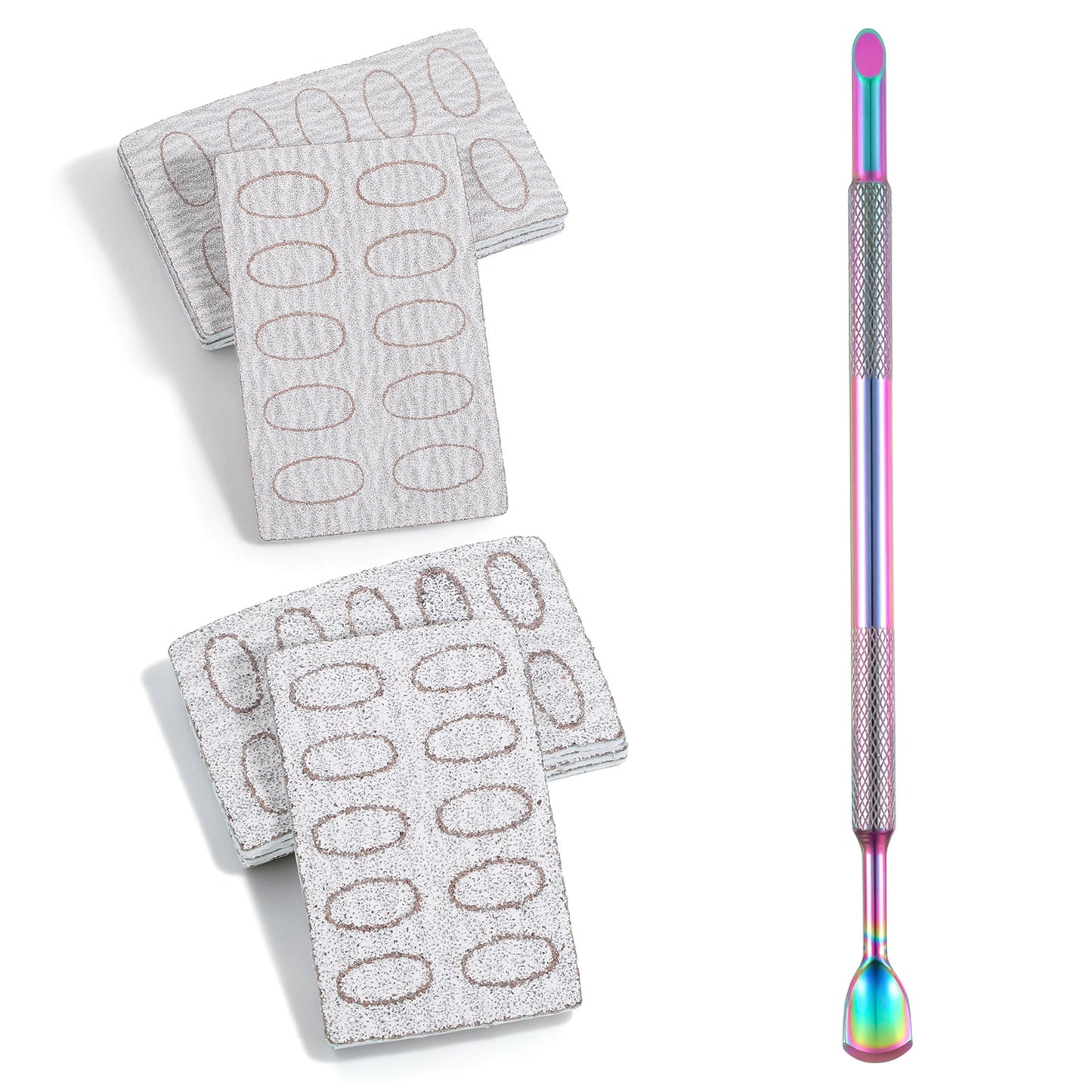 Cuticle Pushers Dual Ended Cuticle Scraper Pre-Treatment Cuticles Remover Tool with 100#/240# Grit Sandpaper Sheets CuticleNail Tool for Salon & Home Use